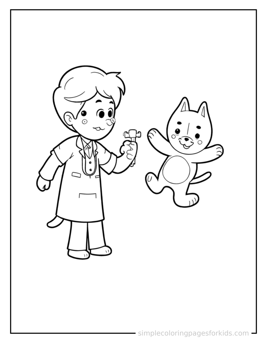 Jumping Veterinarian Holding A Stethoscope And A Puppy Coloring Page