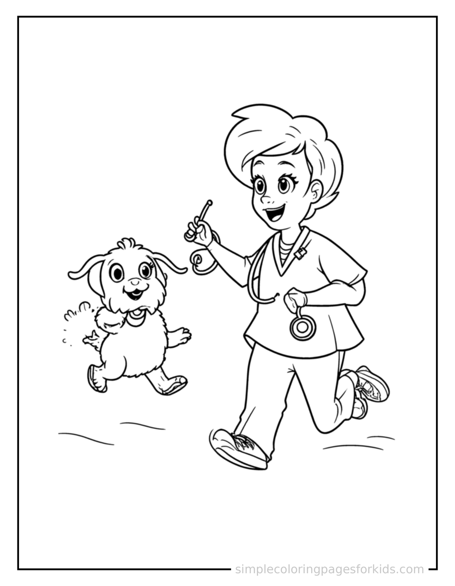 Running Veterinarian Holding A Stethoscope And A Puppy Coloring Page