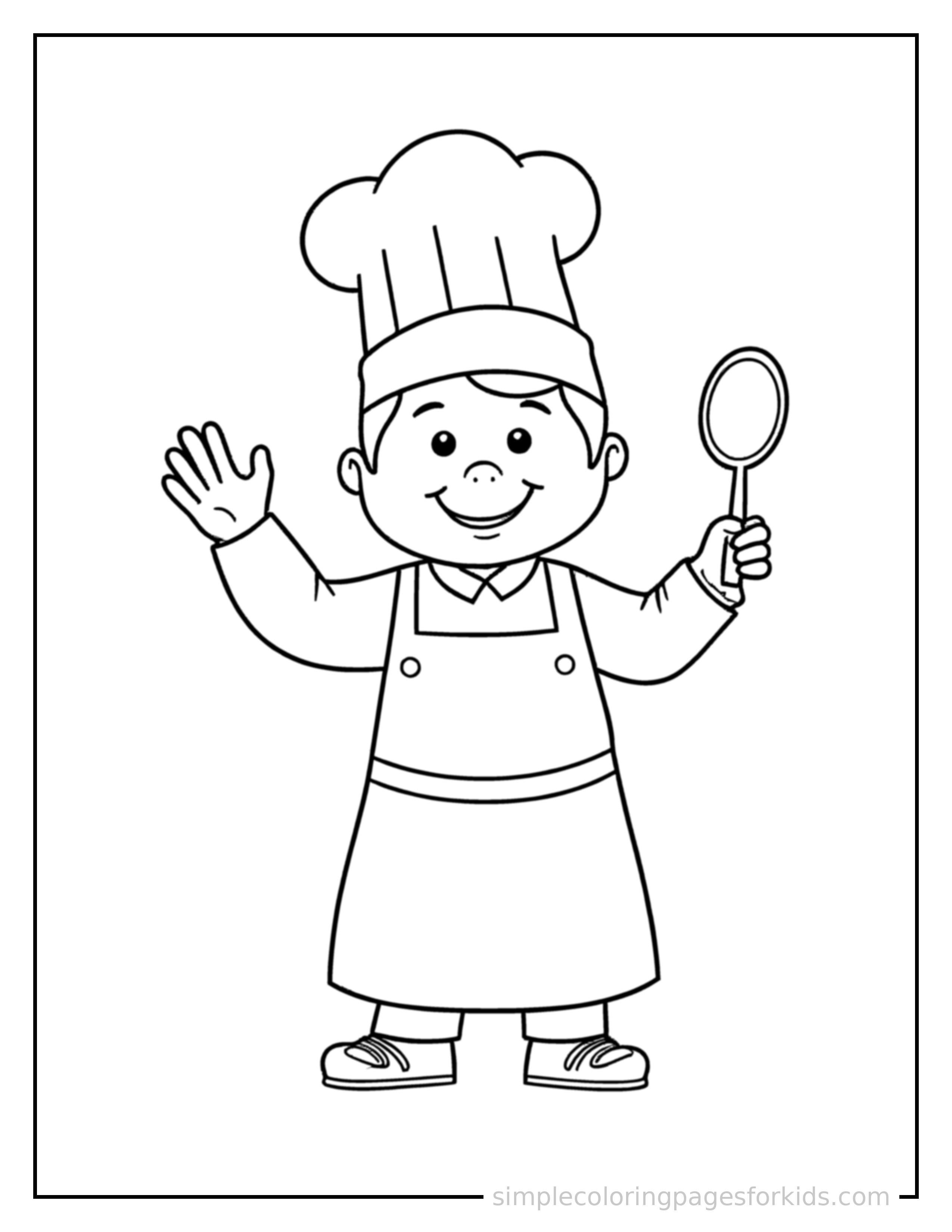 Free printable chef wearing a tall hat and holding a spoon coloring page featuring a cute chef wearing a tall hat and holding a spoon standing tall with a big cheerful grin, one hand raised in a wave, head tilted slightly.