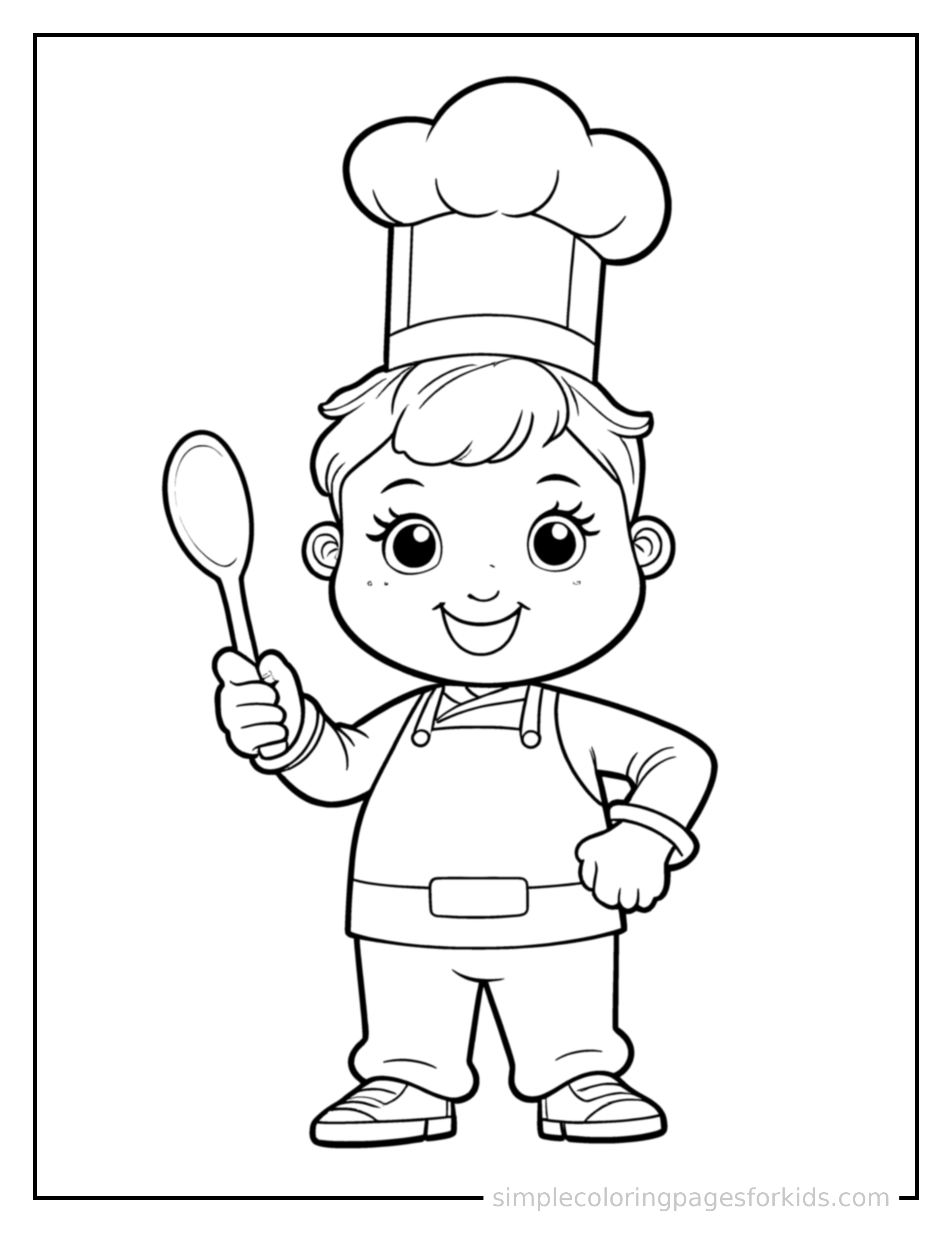 Free printable chef wearing a tall hat and holding a spoon coloring page featuring a cute chef wearing a tall hat and holding a spoon standing proudly with hands on hips, chest out, big sparkling happy eyes and open smile.