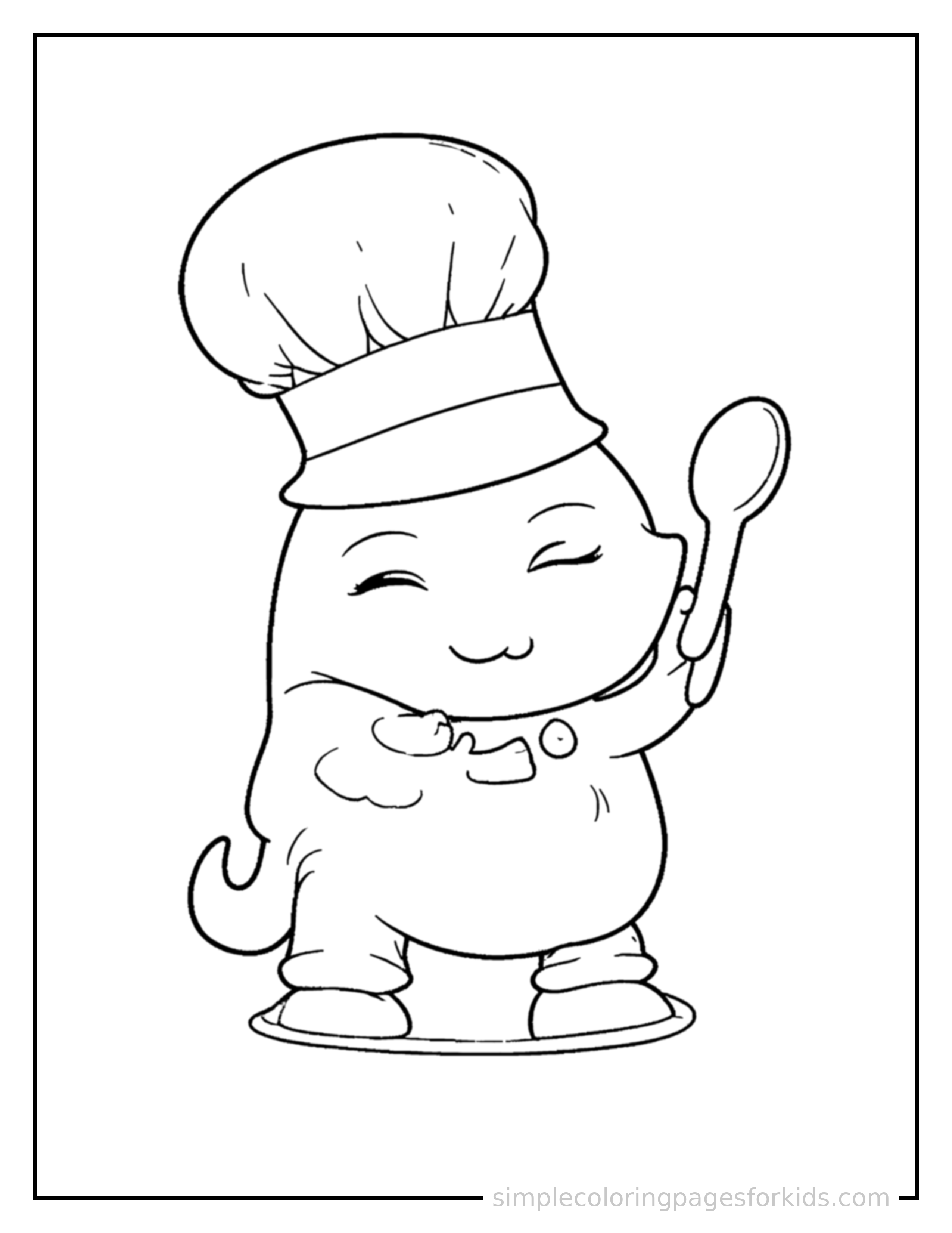 Free printable chef wearing a tall hat and holding a spoon coloring page featuring a cute chef wearing a tall hat and holding a spoon curled up fast asleep, peaceful smile, one eye scrunched shut, hands tucked under the chin.