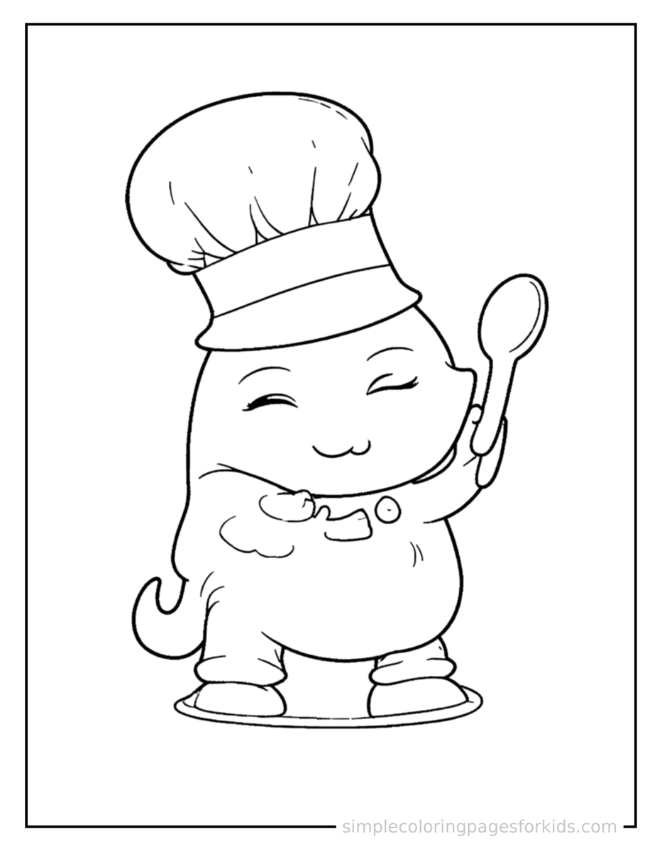Sleepy Chef Wearing A Tall Hat And Holding A Spoon Coloring Page