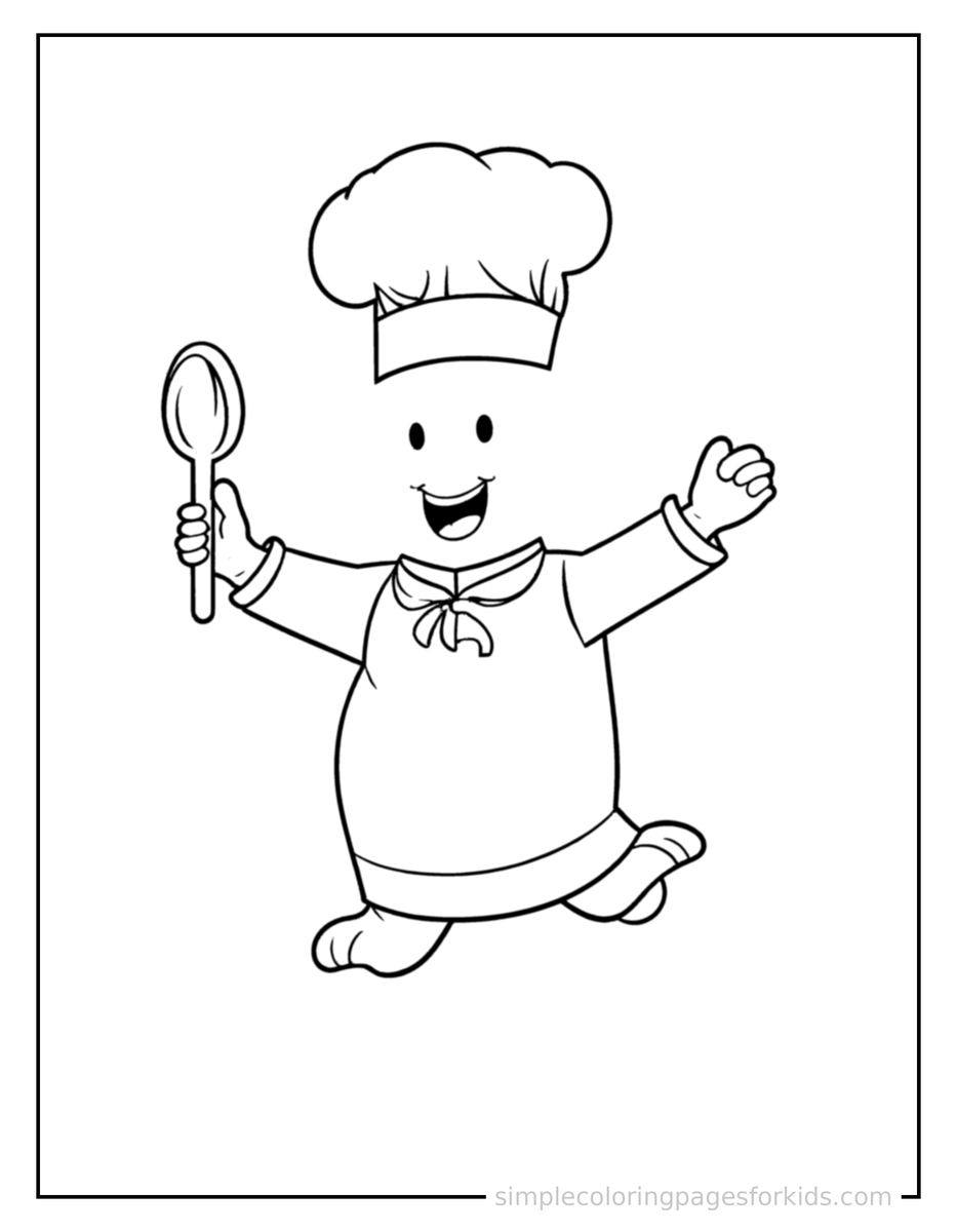 Jumping Chef Wearing A Tall Hat And Holding A Spoon Coloring Page