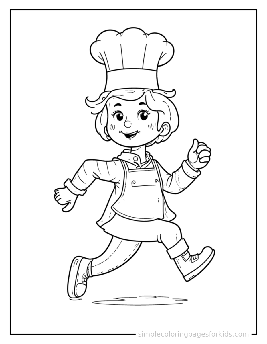 Running Chef Wearing A Tall Hat And Holding A Spoon Coloring Page