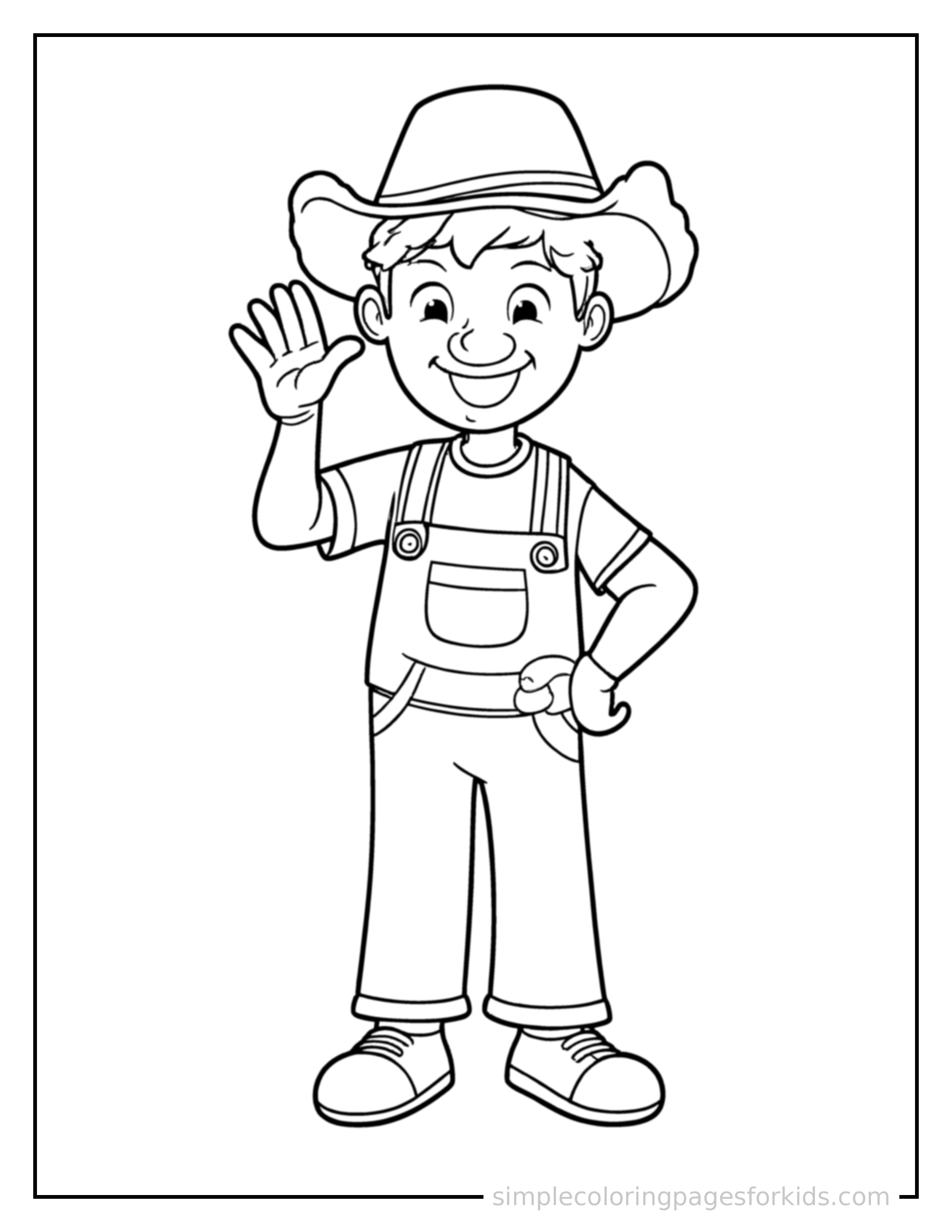 Free printable farmer wearing overalls and a straw hat coloring page featuring a cute farmer wearing overalls and a straw hat standing tall with a big cheerful grin, one hand raised in a wave, head tilted slightly.
