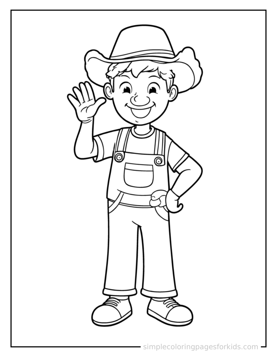 Free printable farmer wearing overalls and a straw hat coloring page featuring a cute farmer wearing overalls and a straw hat standing tall with a big cheerful grin, one hand raised in a wave, head tilted slightly.