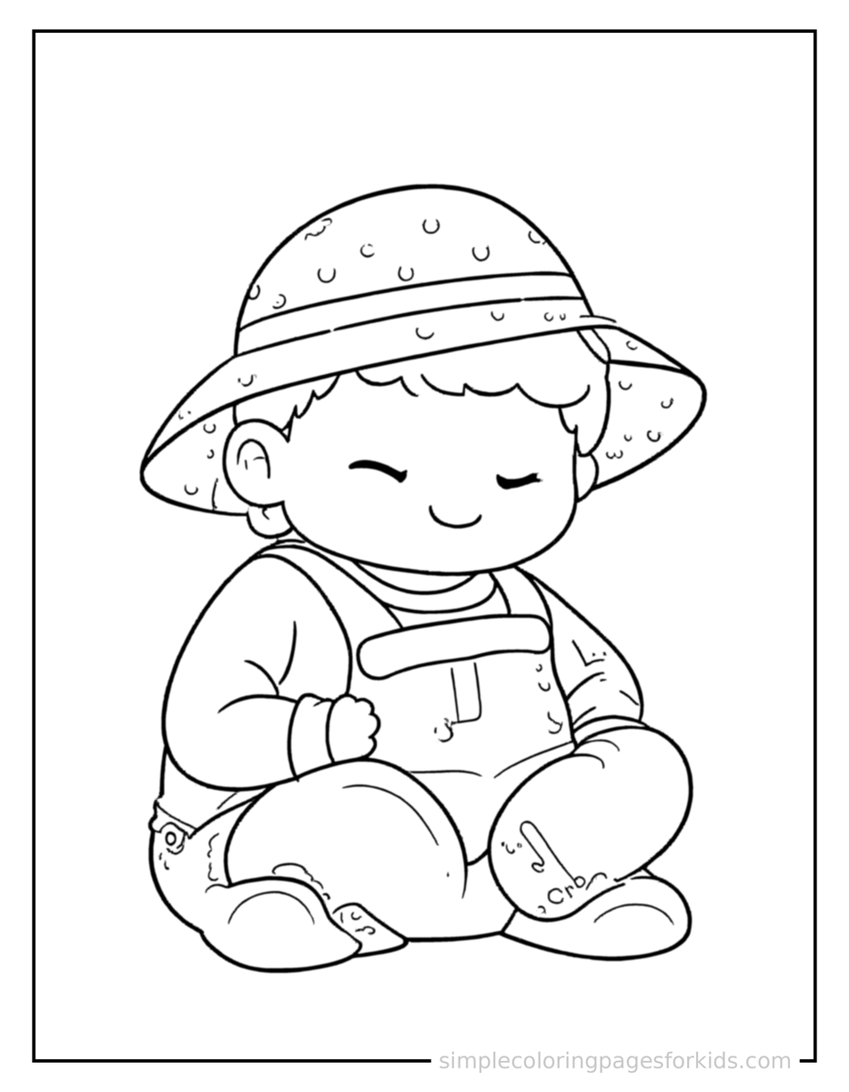 Sleepy Farmer Wearing Overalls And A Straw Hat Coloring Page