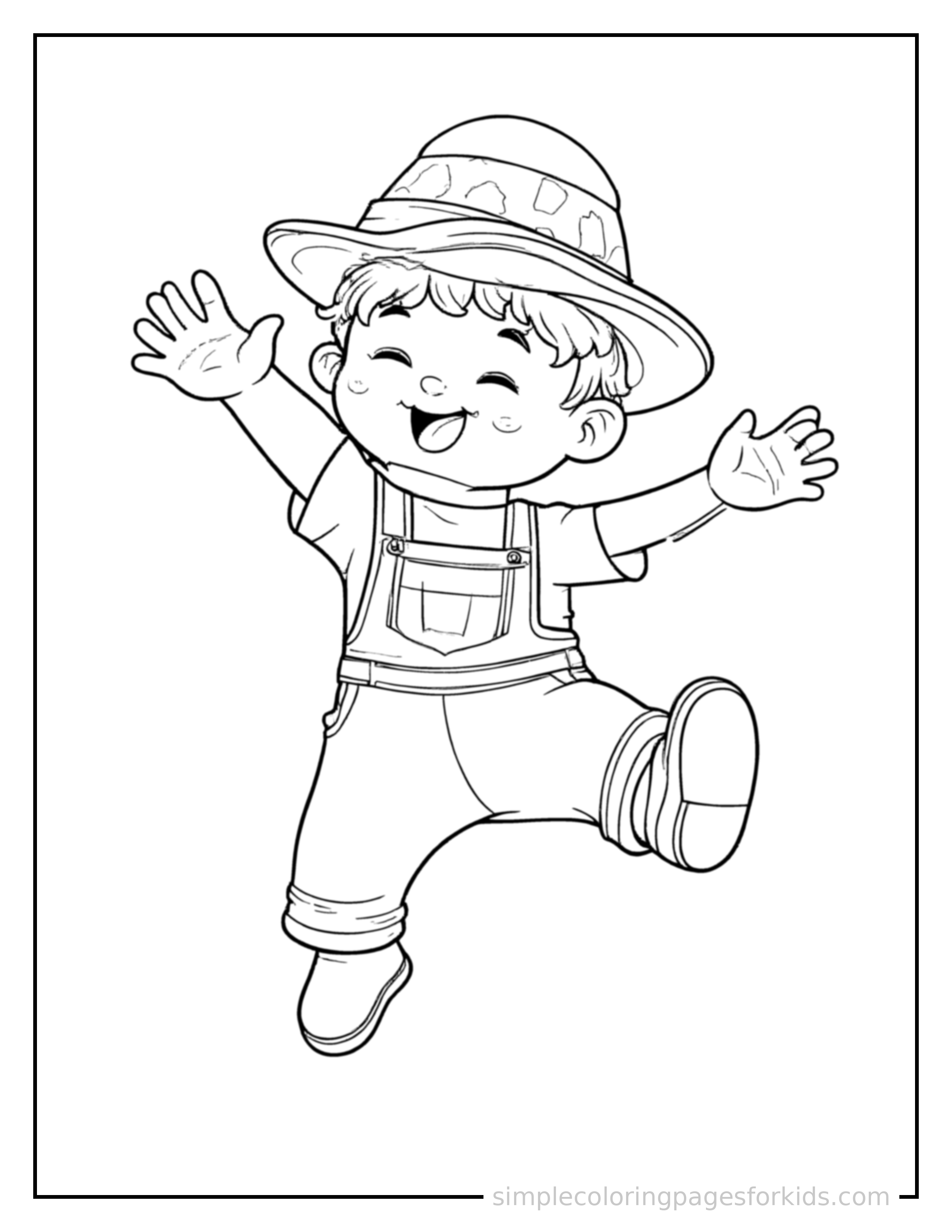Free printable farmer wearing overalls and a straw hat coloring page featuring a cute farmer wearing overalls and a straw hat mid-jump with arms and legs stretched out playfully, mouth open with excitement.