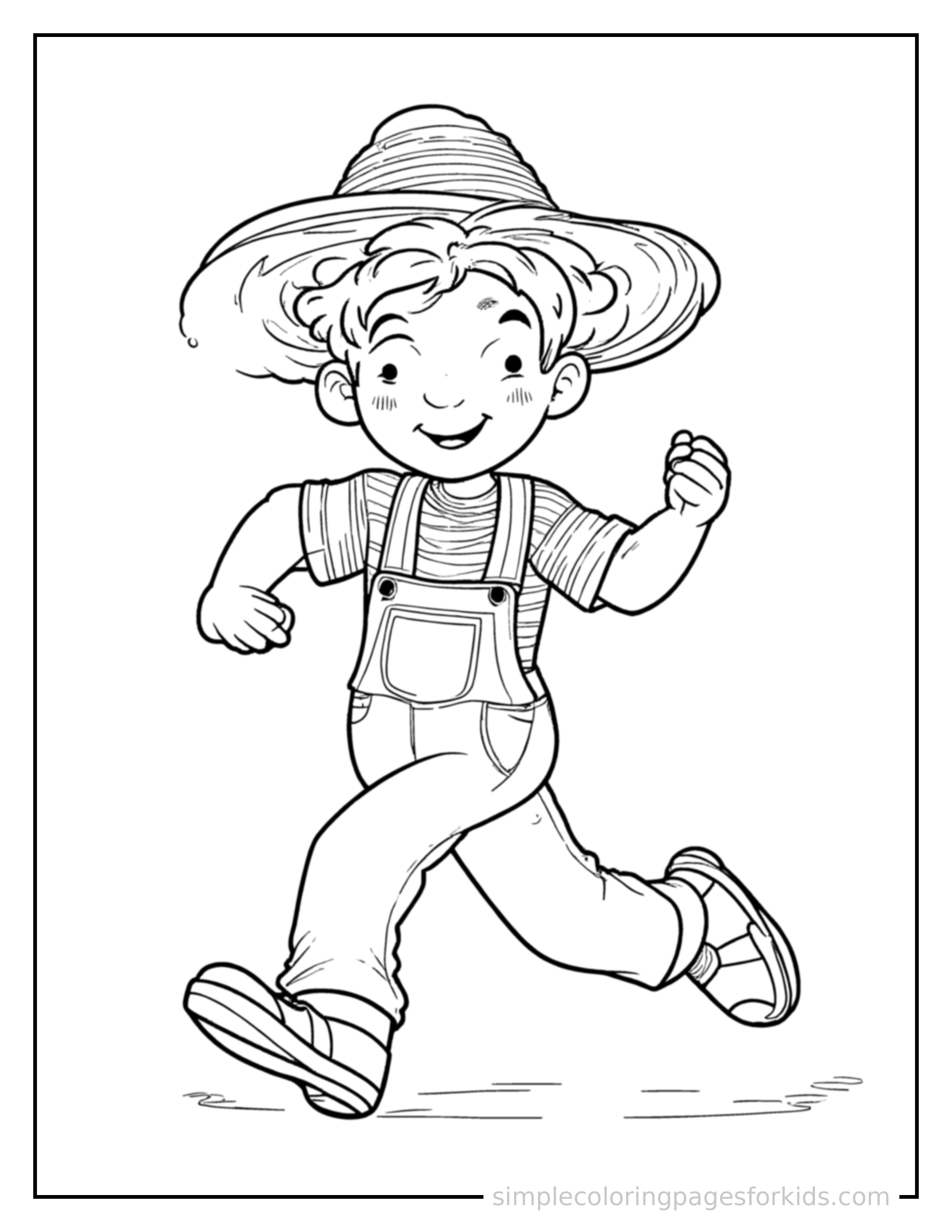 Free printable farmer wearing overalls and a straw hat coloring page featuring a cute farmer wearing overalls and a straw hat running forward at full speed, arms pumping, big happy grin.
