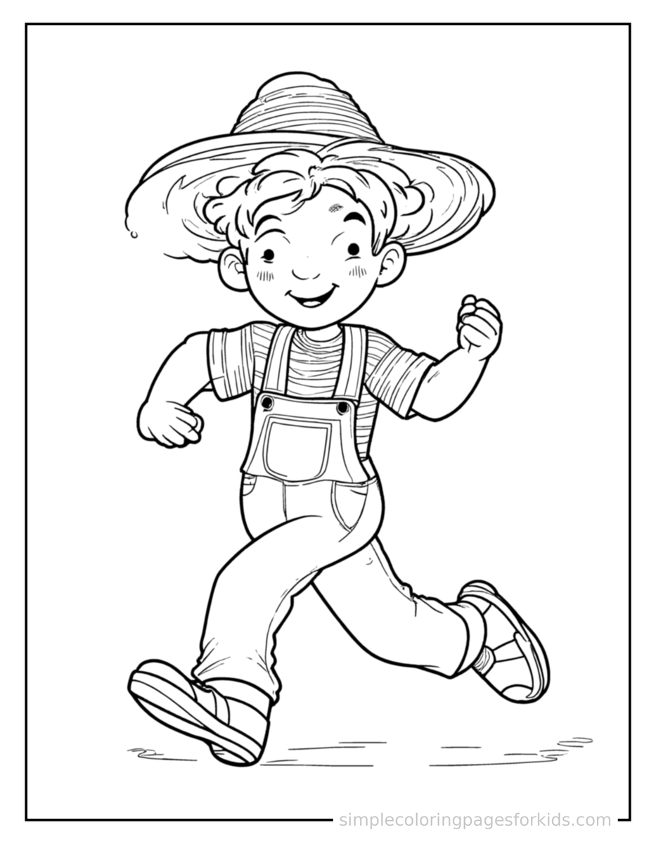 Running Farmer Wearing Overalls And A Straw Hat Coloring Page