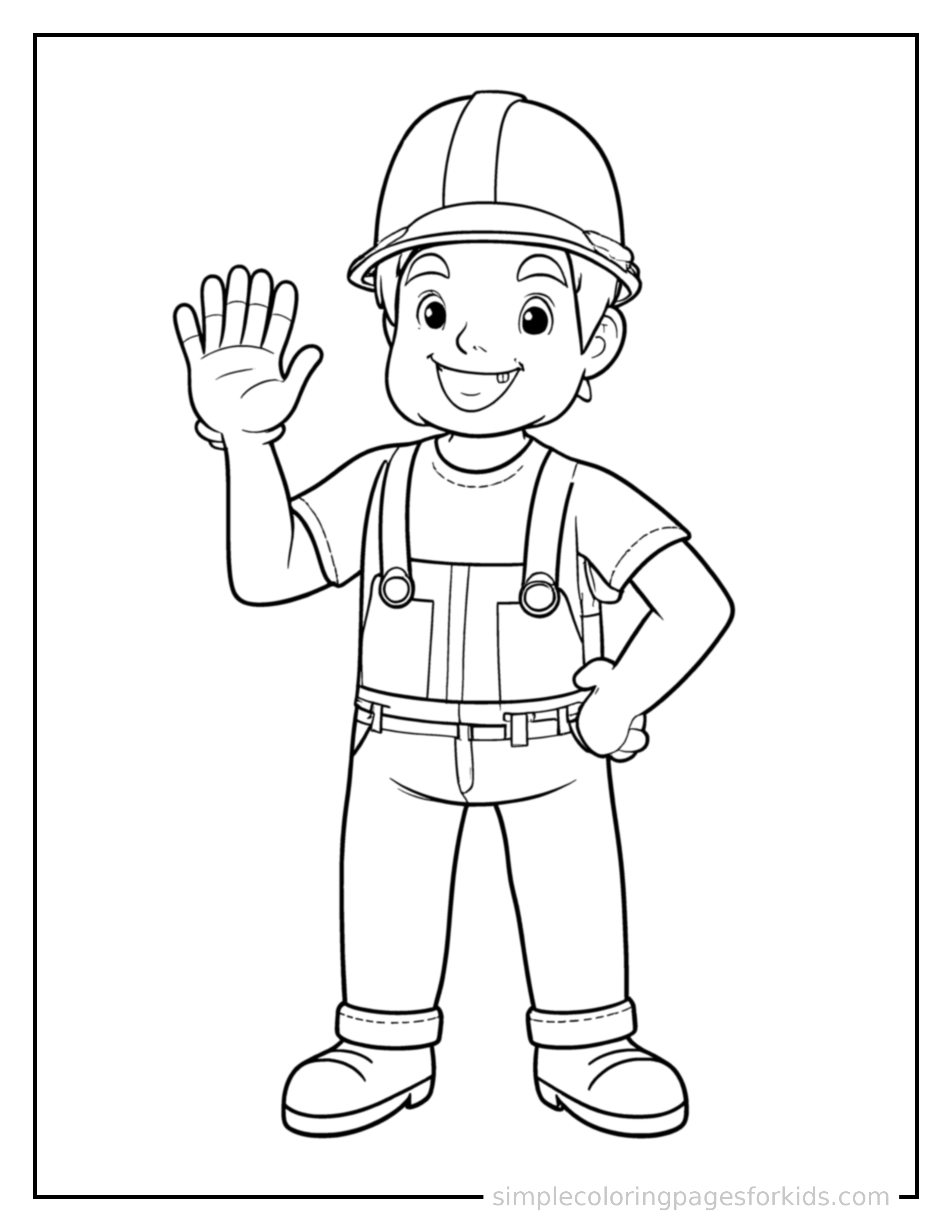 Free printable construction worker wearing a hard hat coloring page featuring a cute construction worker wearing a hard hat standing tall with a big cheerful grin, one hand raised in a wave, head tilted slightly.