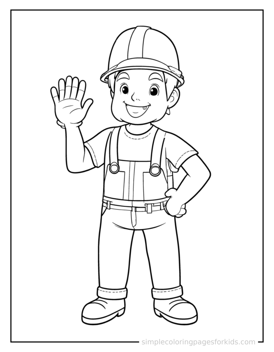 Free printable construction worker wearing a hard hat coloring page featuring a cute construction worker wearing a hard hat standing tall with a big cheerful grin, one hand raised in a wave, head tilted slightly.