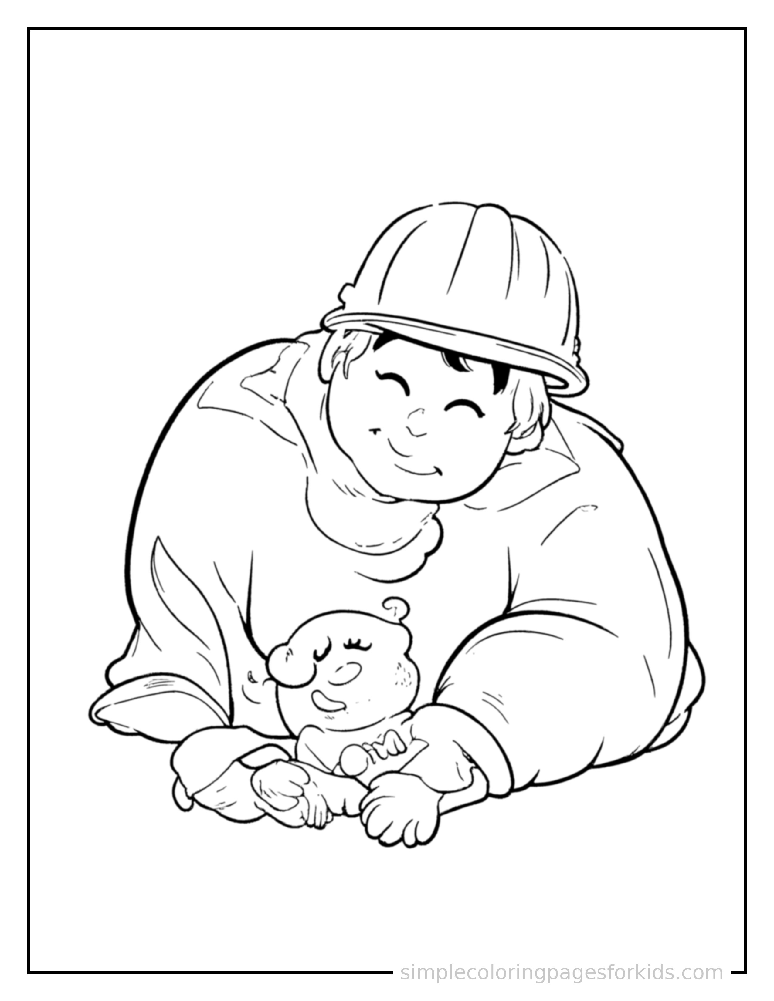Free printable construction worker wearing a hard hat coloring page featuring a cute construction worker wearing a hard hat curled up fast asleep, peaceful smile, one eye scrunched shut, hands tucked under the chin.