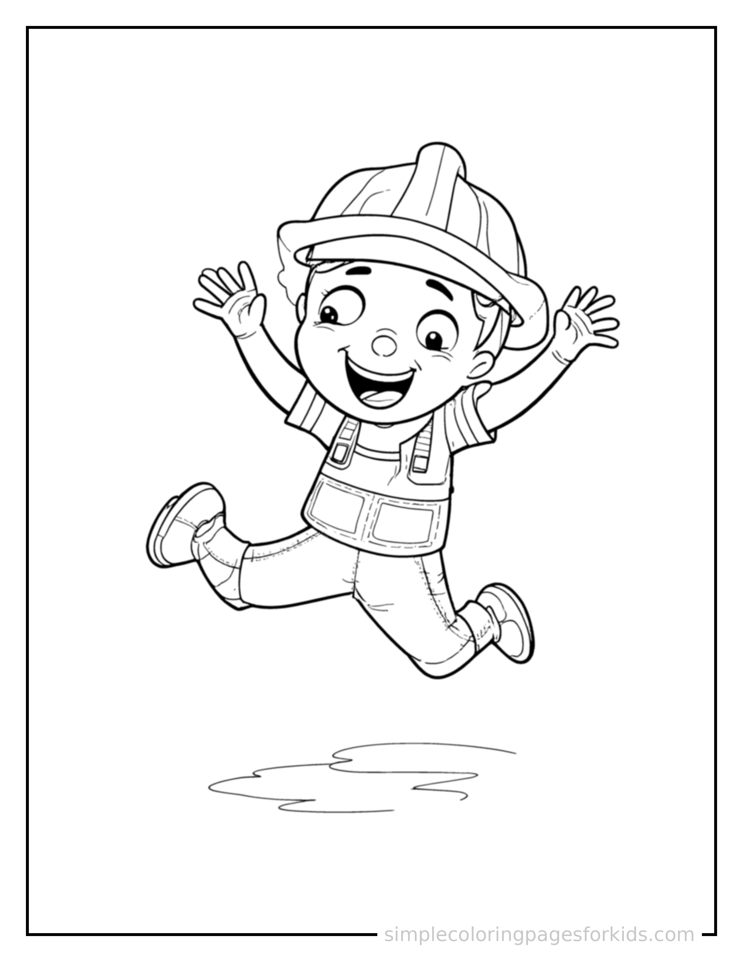 Free printable construction worker wearing a hard hat coloring page featuring a cute construction worker wearing a hard hat mid-jump with arms and legs stretched out playfully, mouth open with excitement.