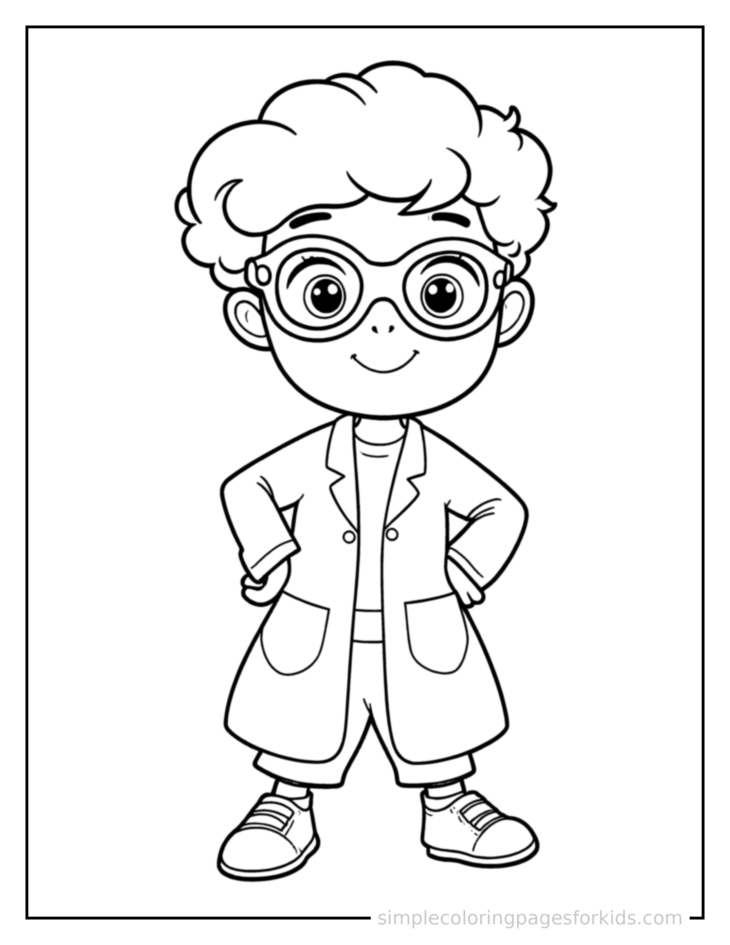 Free printable scientist wearing safety goggles and a lab coat coloring page featuring a cute scientist wearing safety goggles and a lab coat standing proudly with hands on hips, chest out, big sparkling happy eyes and open smile.