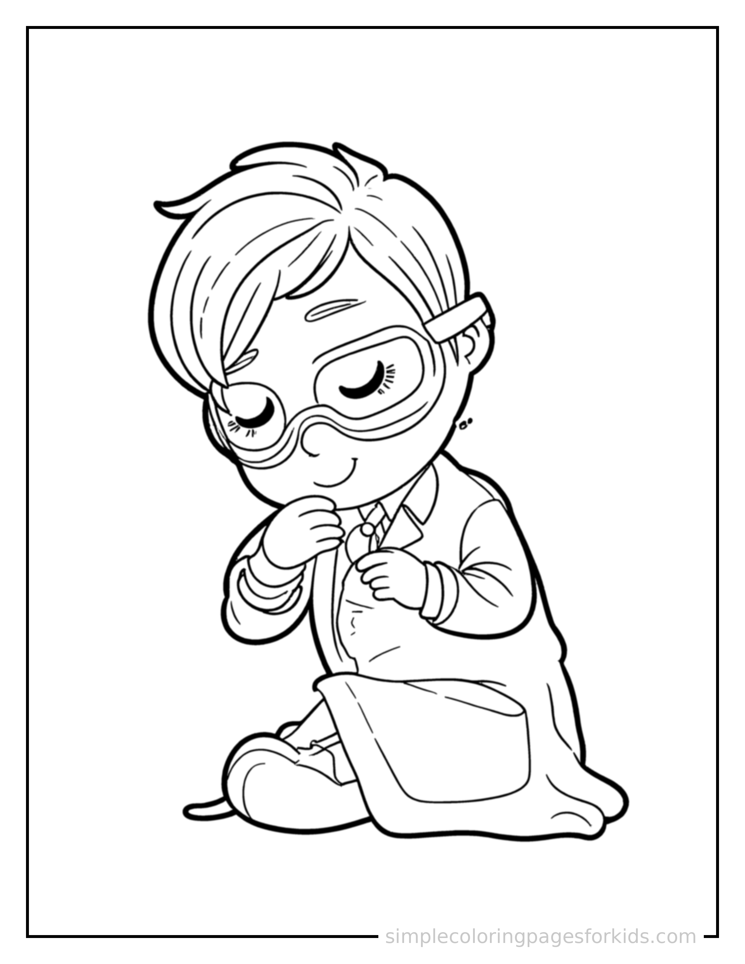 Free printable scientist wearing safety goggles and a lab coat coloring page featuring a cute scientist wearing safety goggles and a lab coat curled up fast asleep, peaceful smile, one eye scrunched shut, hands tucked under the chin.