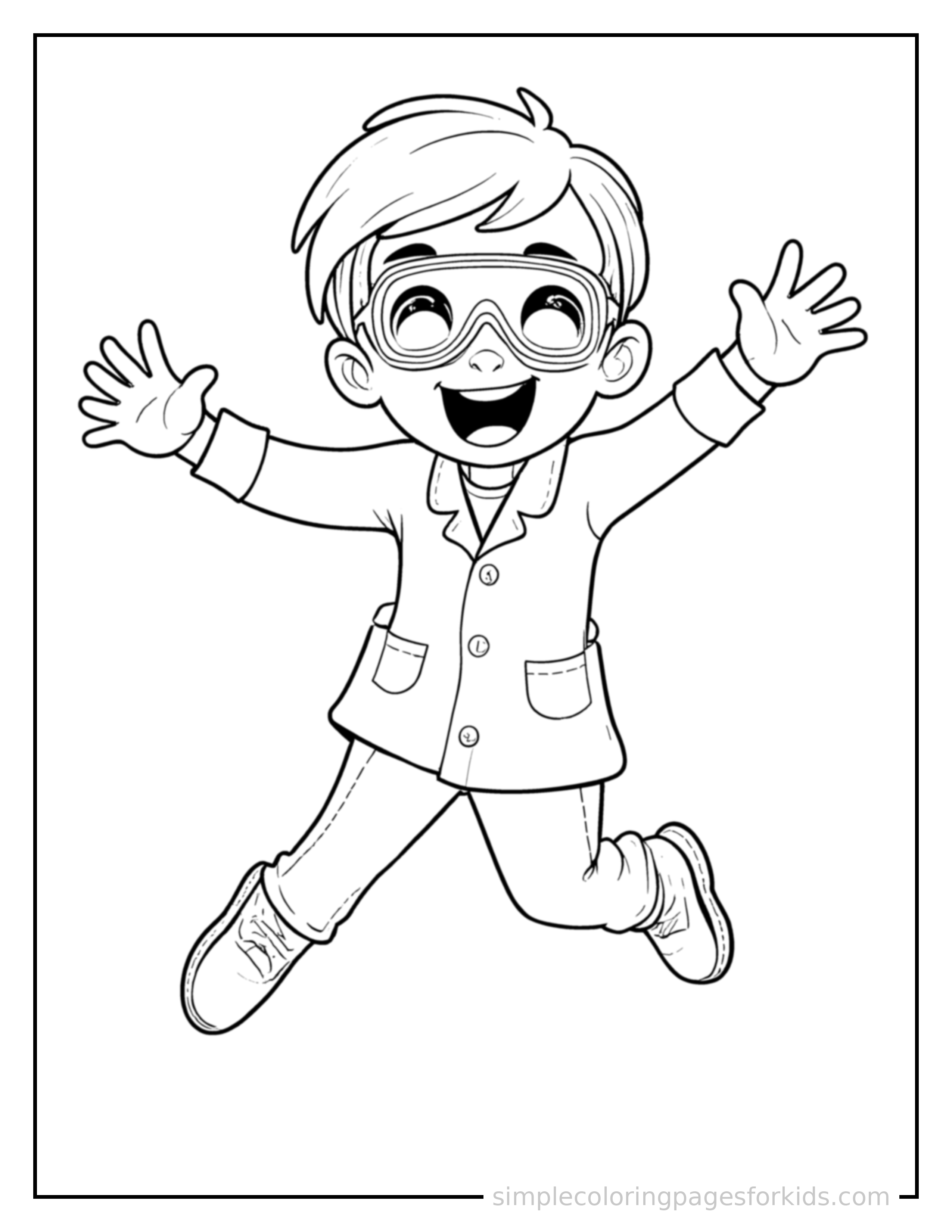 Free printable scientist wearing safety goggles and a lab coat coloring page featuring a cute scientist wearing safety goggles and a lab coat mid-jump with arms and legs stretched out playfully, mouth open with excitement.