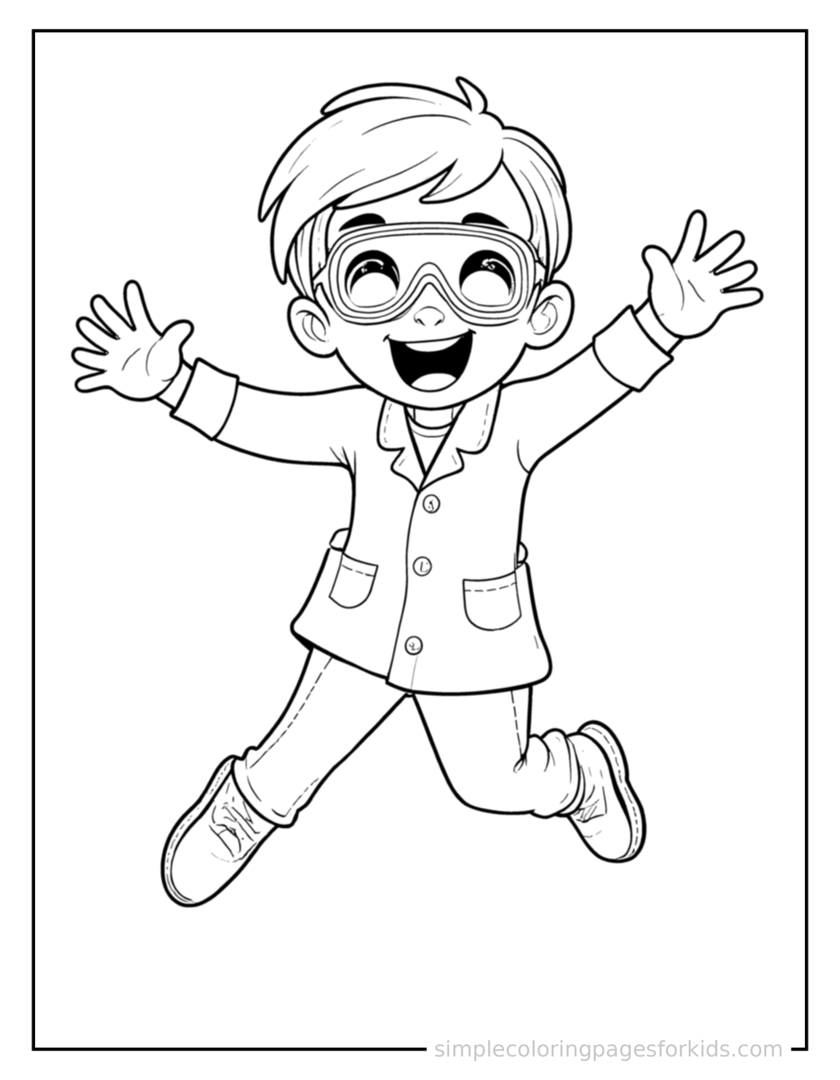Jumping Scientist Wearing Safety Goggles And A Lab Coat Coloring Page