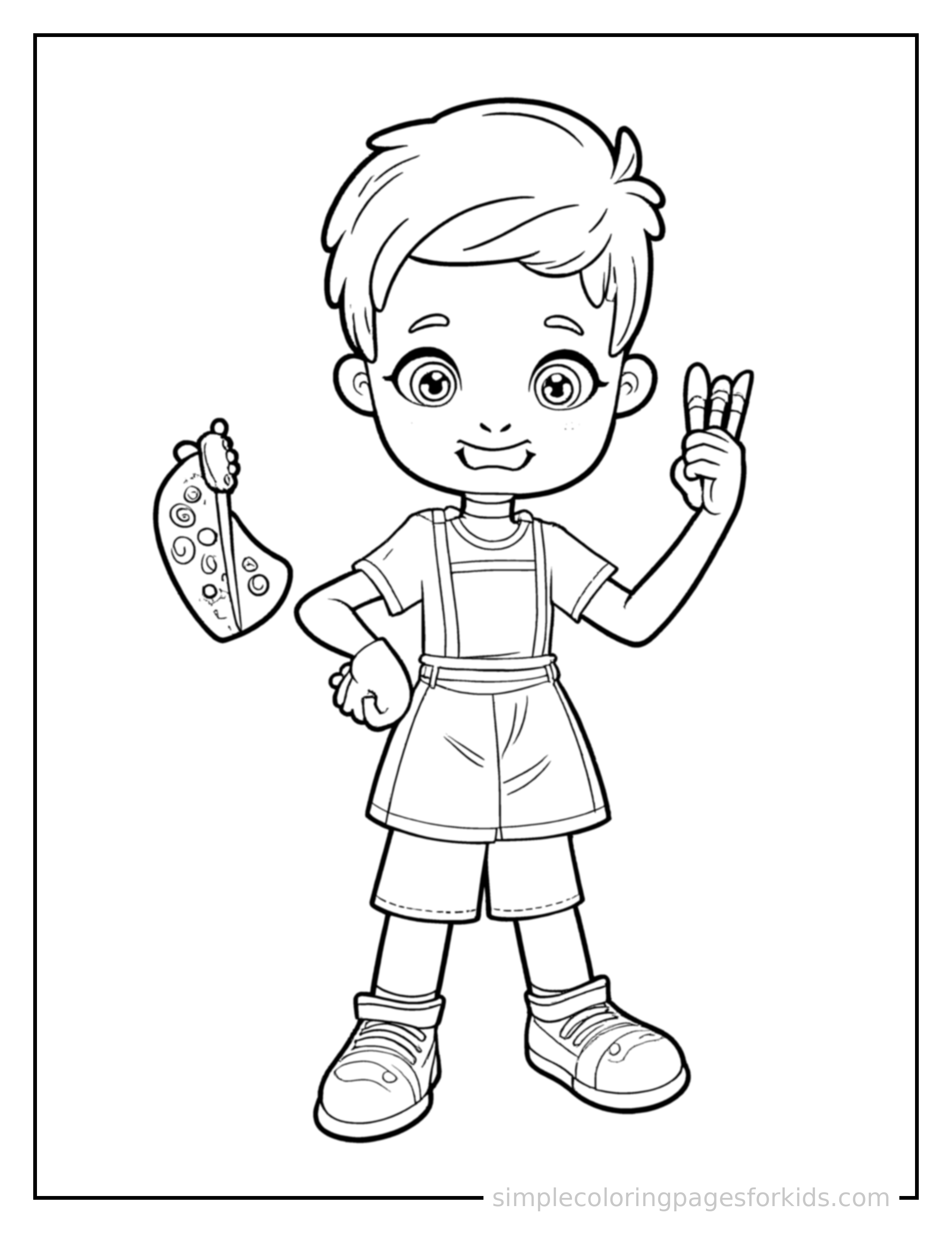 Free printable artist holding a paintbrush and palette coloring page featuring a cute artist holding a paintbrush and palette standing proudly with hands on hips, chest out, big sparkling happy eyes and open smile.