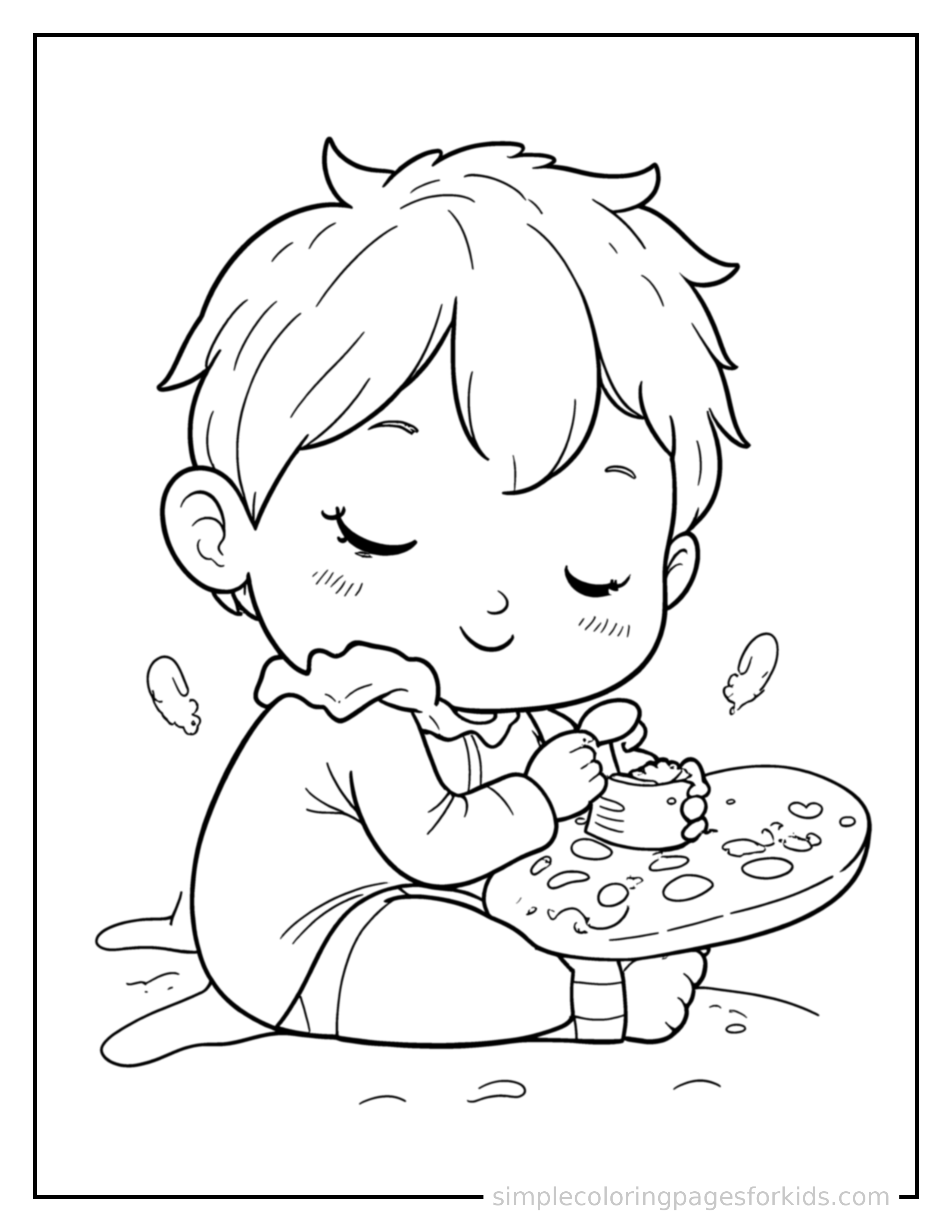 Free printable artist holding a paintbrush and palette coloring page featuring a cute artist holding a paintbrush and palette curled up fast asleep, peaceful smile, one eye scrunched shut, hands tucked under the chin.