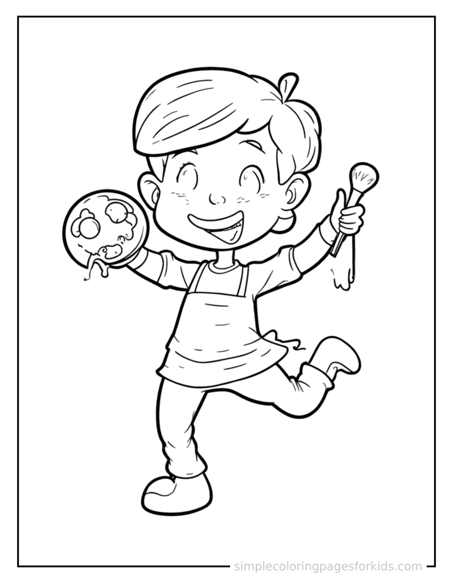 Jumping Artist Holding A Paintbrush And Palette Coloring Page