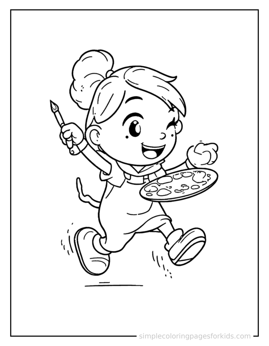 Running Artist Holding A Paintbrush And Palette Coloring Page
