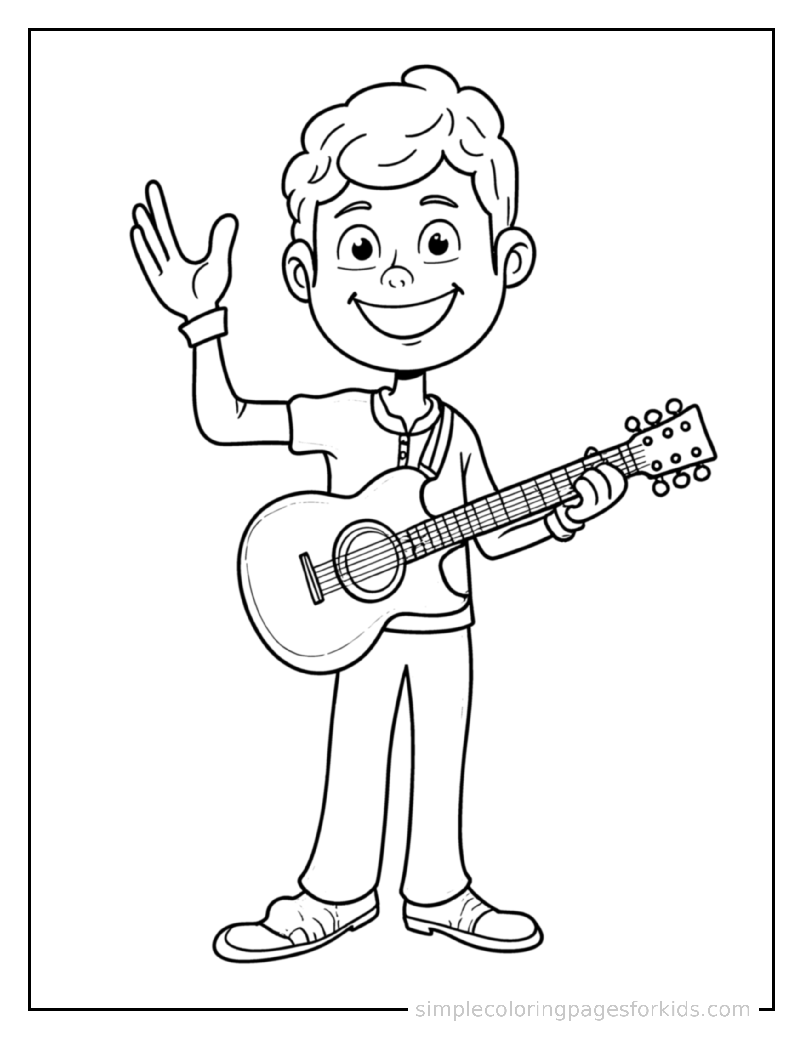 Free printable musician playing a guitar coloring page featuring a cute musician playing a guitar standing tall with a big cheerful grin, one hand raised in a wave, head tilted slightly.