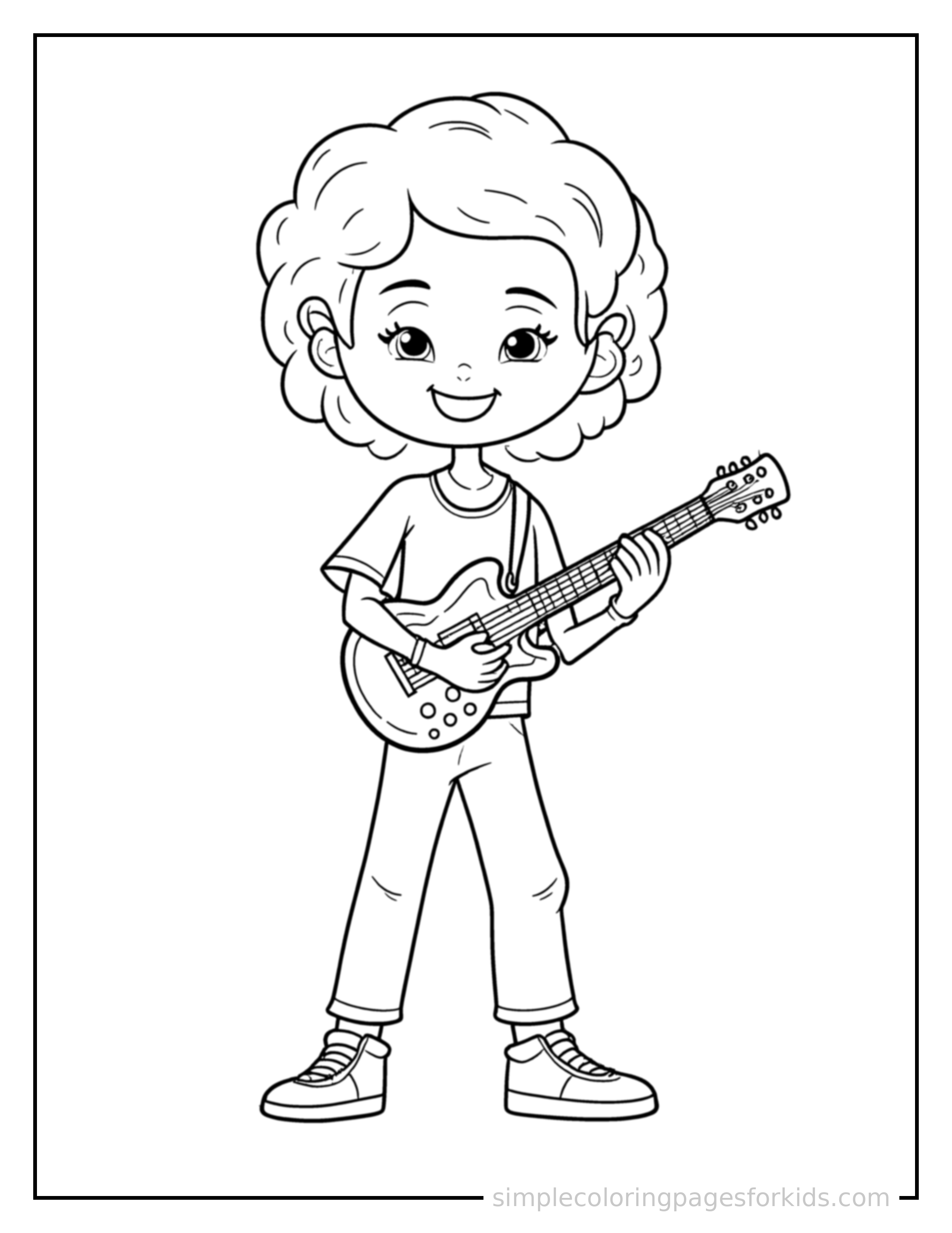 Free printable musician playing a guitar coloring page featuring a cute musician playing a guitar standing proudly with hands on hips, chest out, big sparkling happy eyes and open smile.