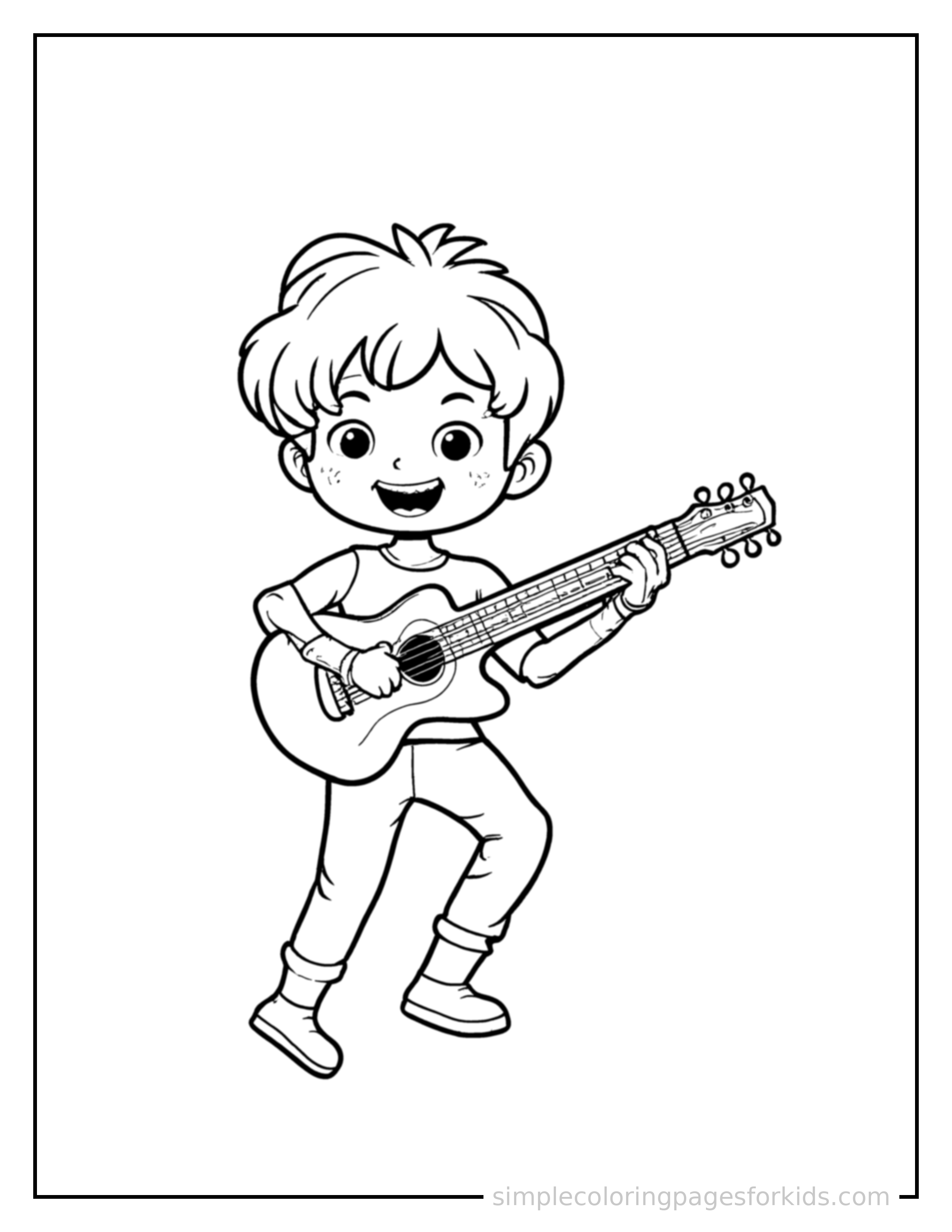 Free printable musician playing a guitar coloring page featuring a cute musician playing a guitar mid-jump with arms and legs stretched out playfully, mouth open with excitement.