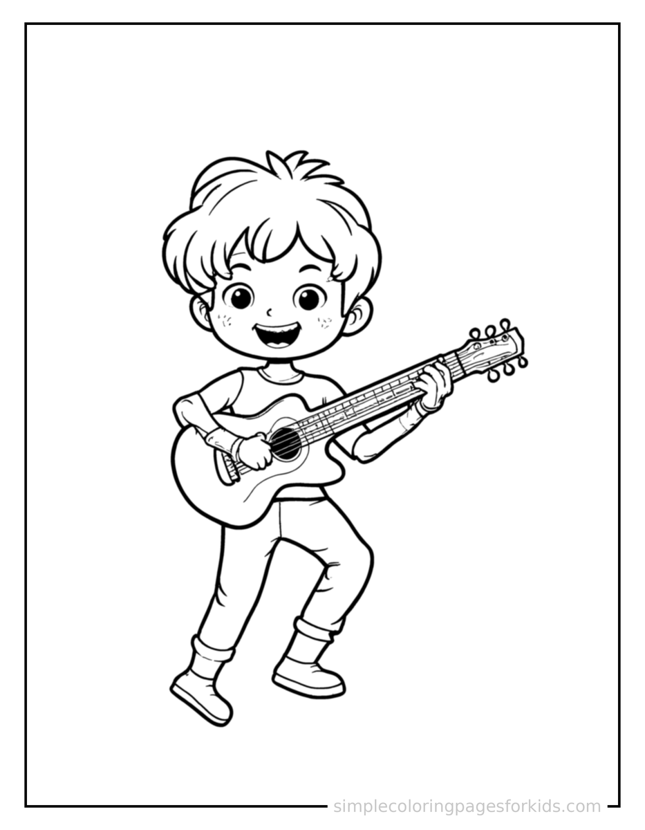 Jumping Musician Playing A Guitar Coloring Page