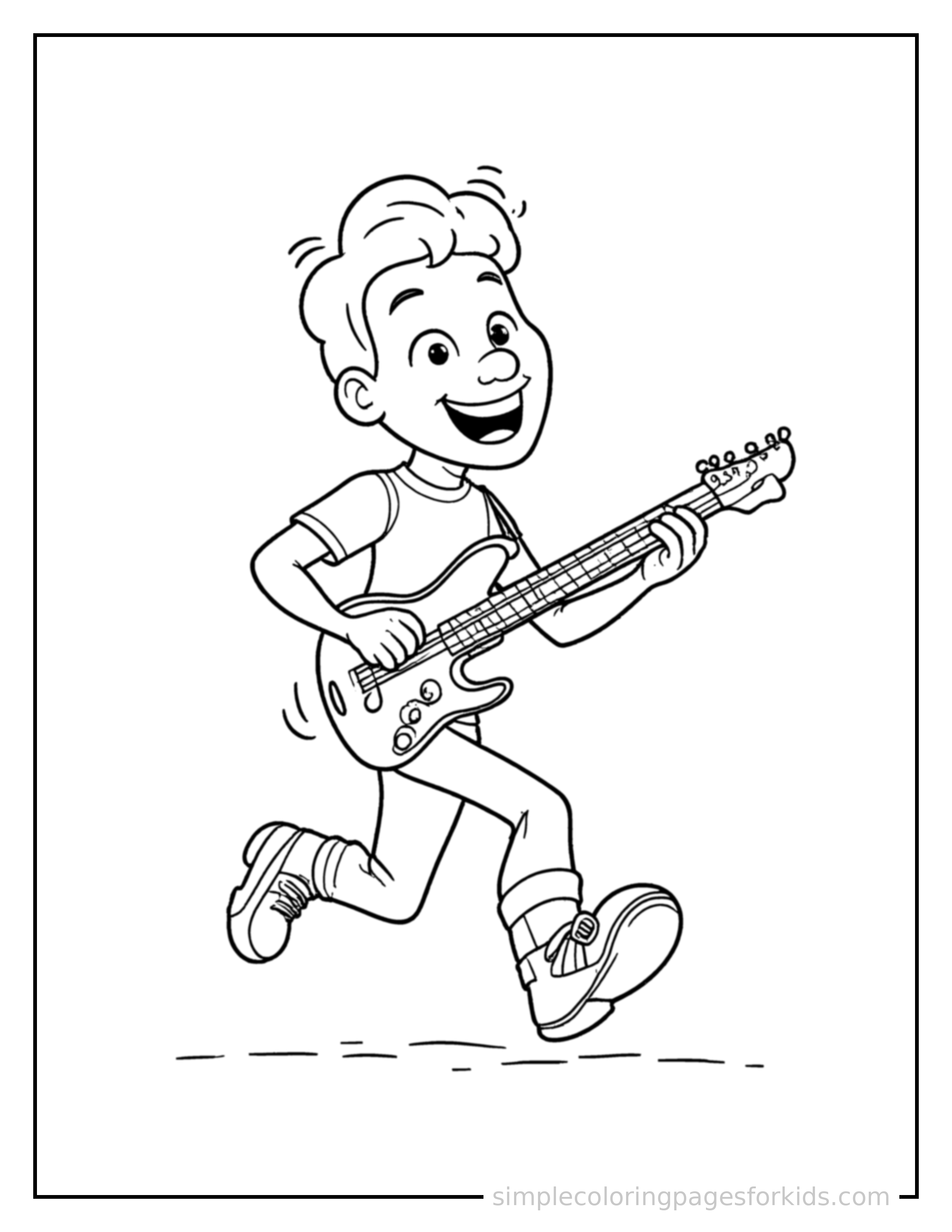 Free printable musician playing a guitar coloring page featuring a cute musician playing a guitar running forward at full speed, arms pumping, big happy grin.