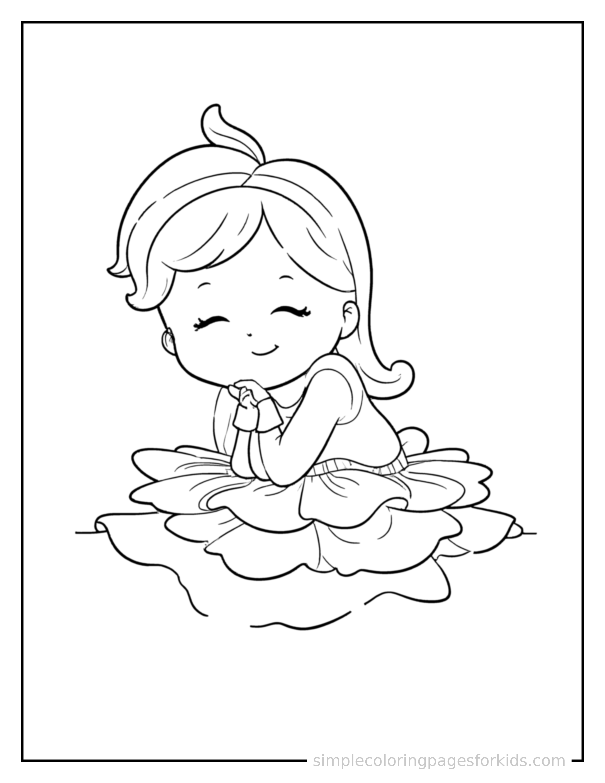 Free printable ballet dancer in a tutu coloring page featuring a cute ballet dancer in a tutu curled up fast asleep, peaceful smile, one eye scrunched shut, hands tucked under the chin.