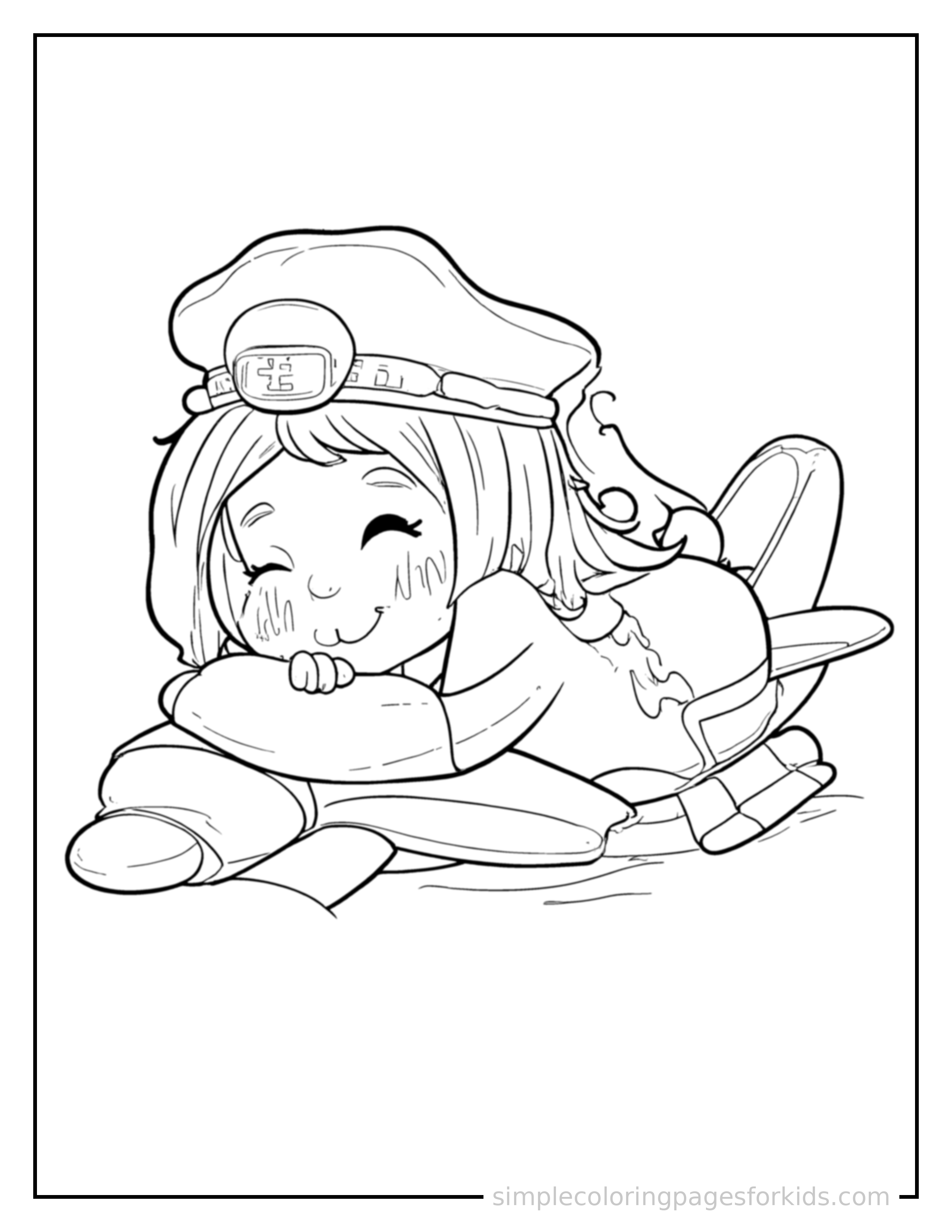 Free printable airplane pilot wearing a captain's hat coloring page featuring a cute airplane pilot wearing a captain's hat curled up fast asleep, peaceful smile, one eye scrunched shut, hands tucked under the chin.