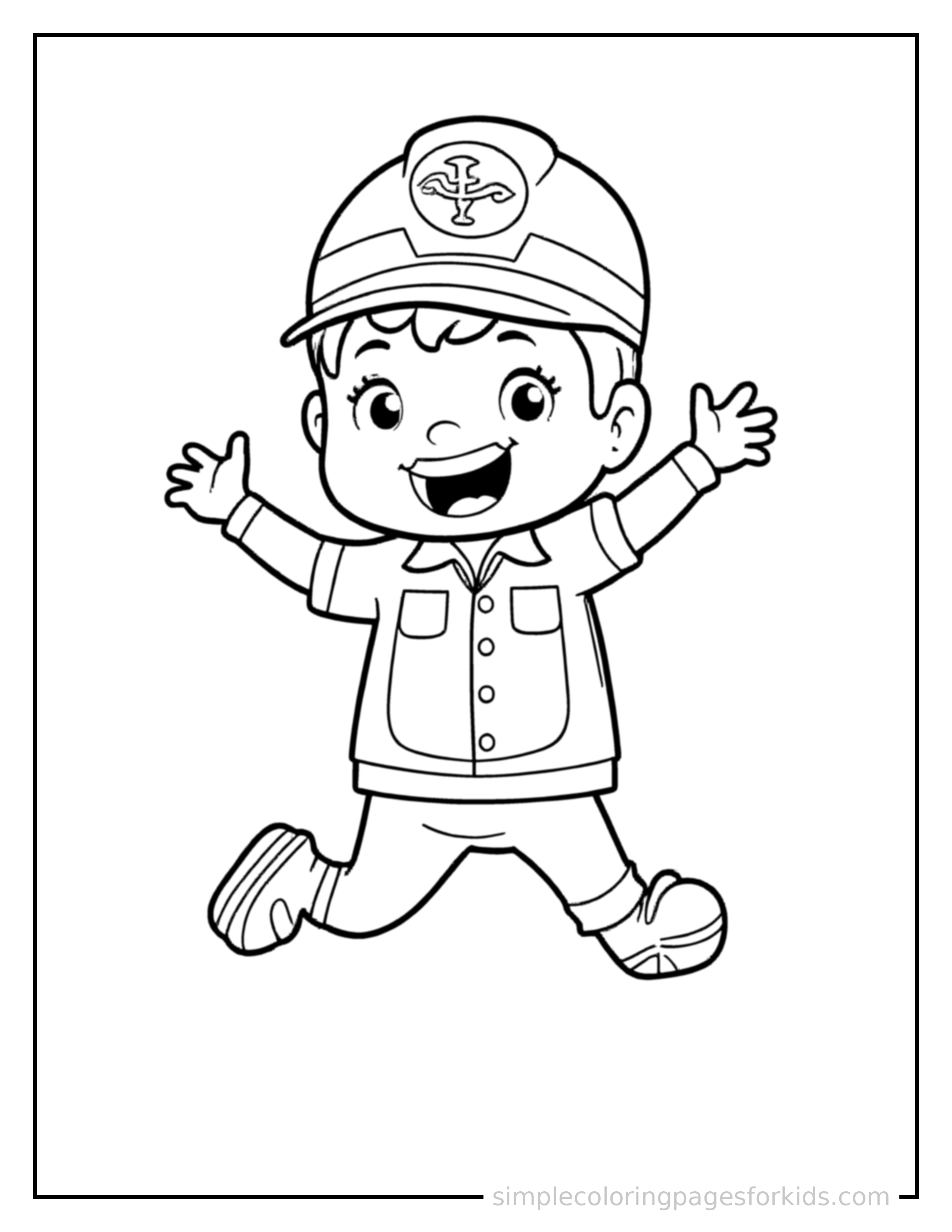 Free printable airplane pilot wearing a captain's hat coloring page featuring a cute airplane pilot wearing a captain's hat mid-jump with arms and legs stretched out playfully, mouth open with excitement.