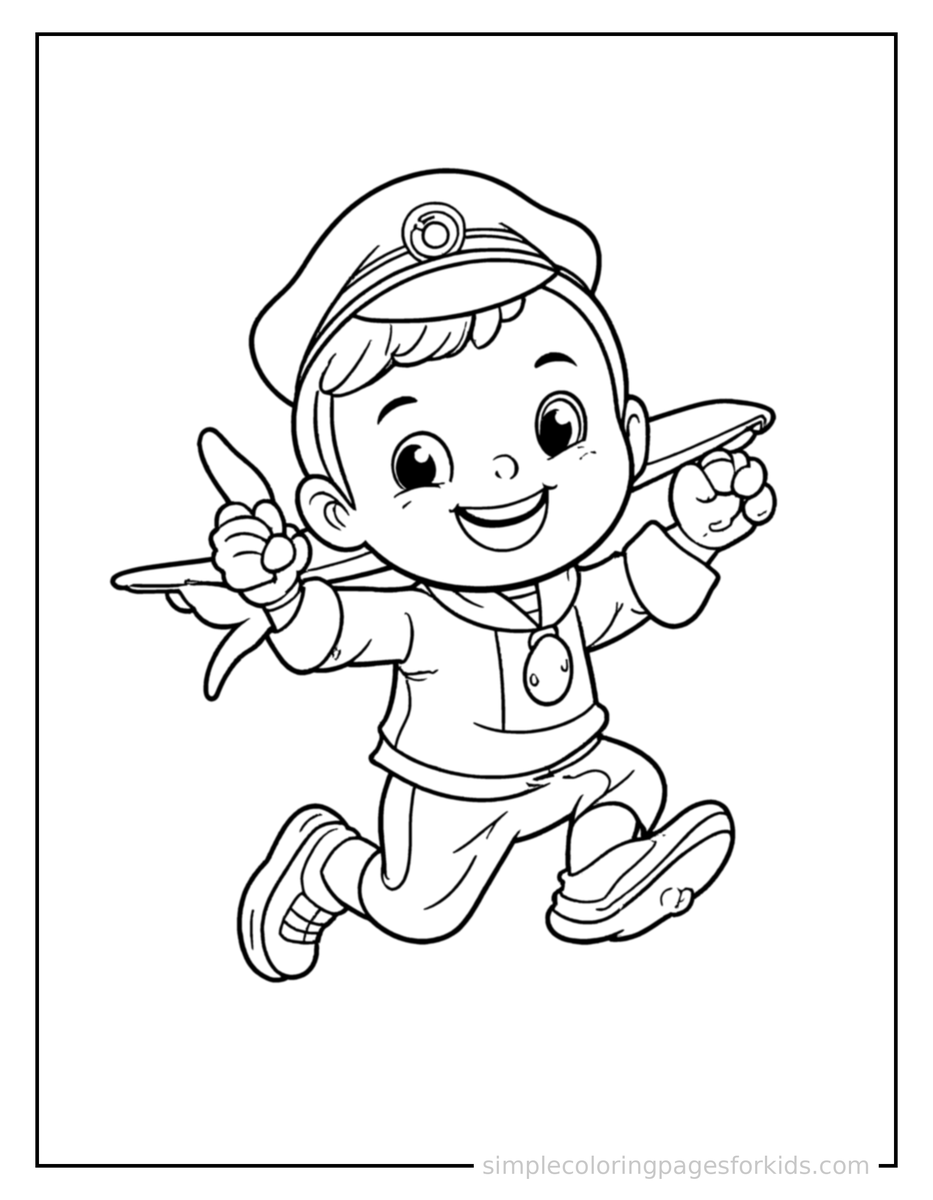Running Airplane Pilot Wearing A Captain’S Hat Coloring Page