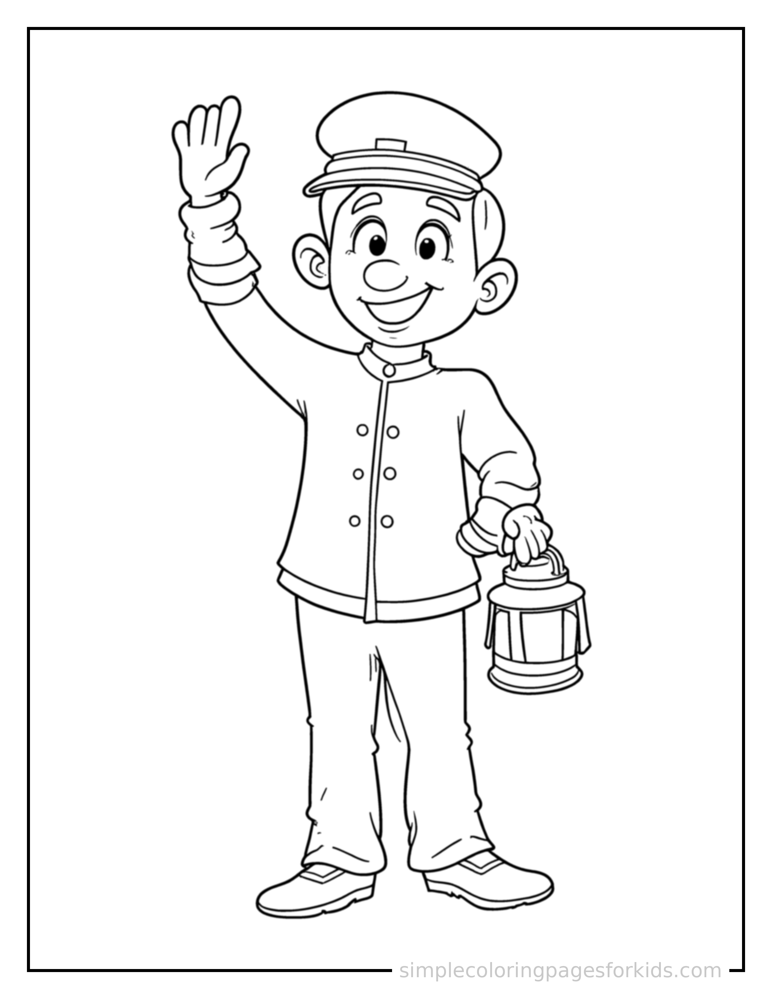 Free printable train conductor holding a lantern coloring page featuring a cute train conductor holding a lantern standing tall with a big cheerful grin, one hand raised in a wave, head tilted slightly.