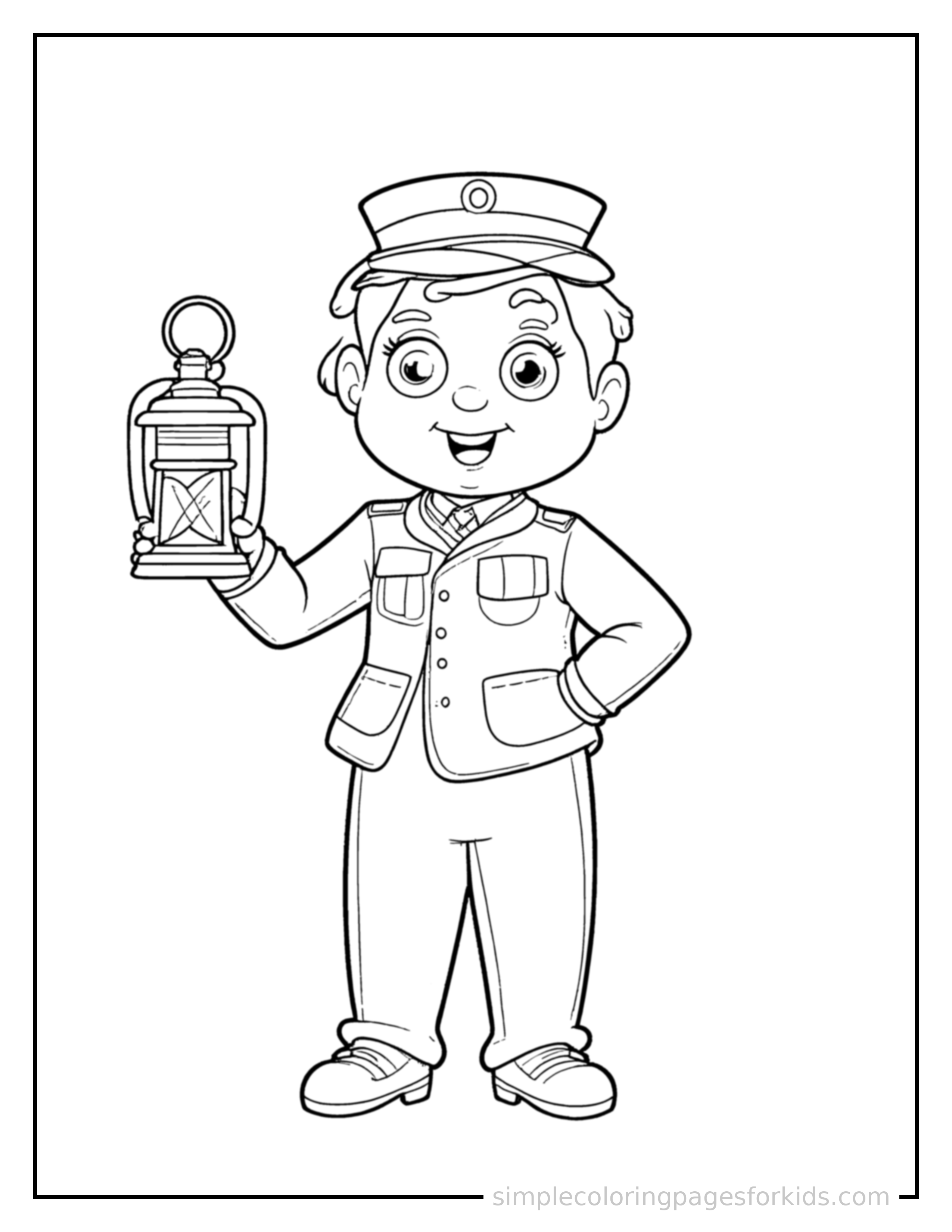 Free printable train conductor holding a lantern coloring page featuring a cute train conductor holding a lantern standing proudly with hands on hips, chest out, big sparkling happy eyes and open smile.