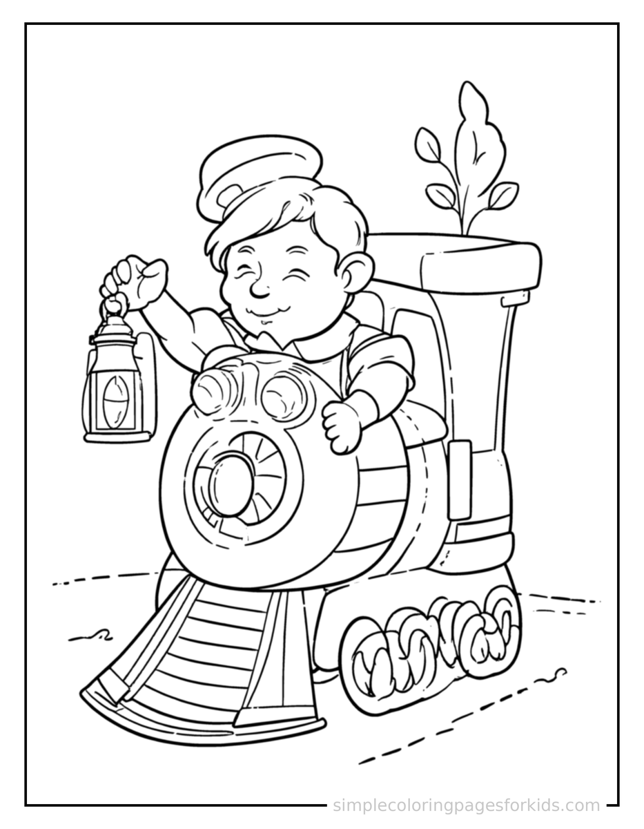 Sleepy Train Conductor Holding A Lantern Coloring Page