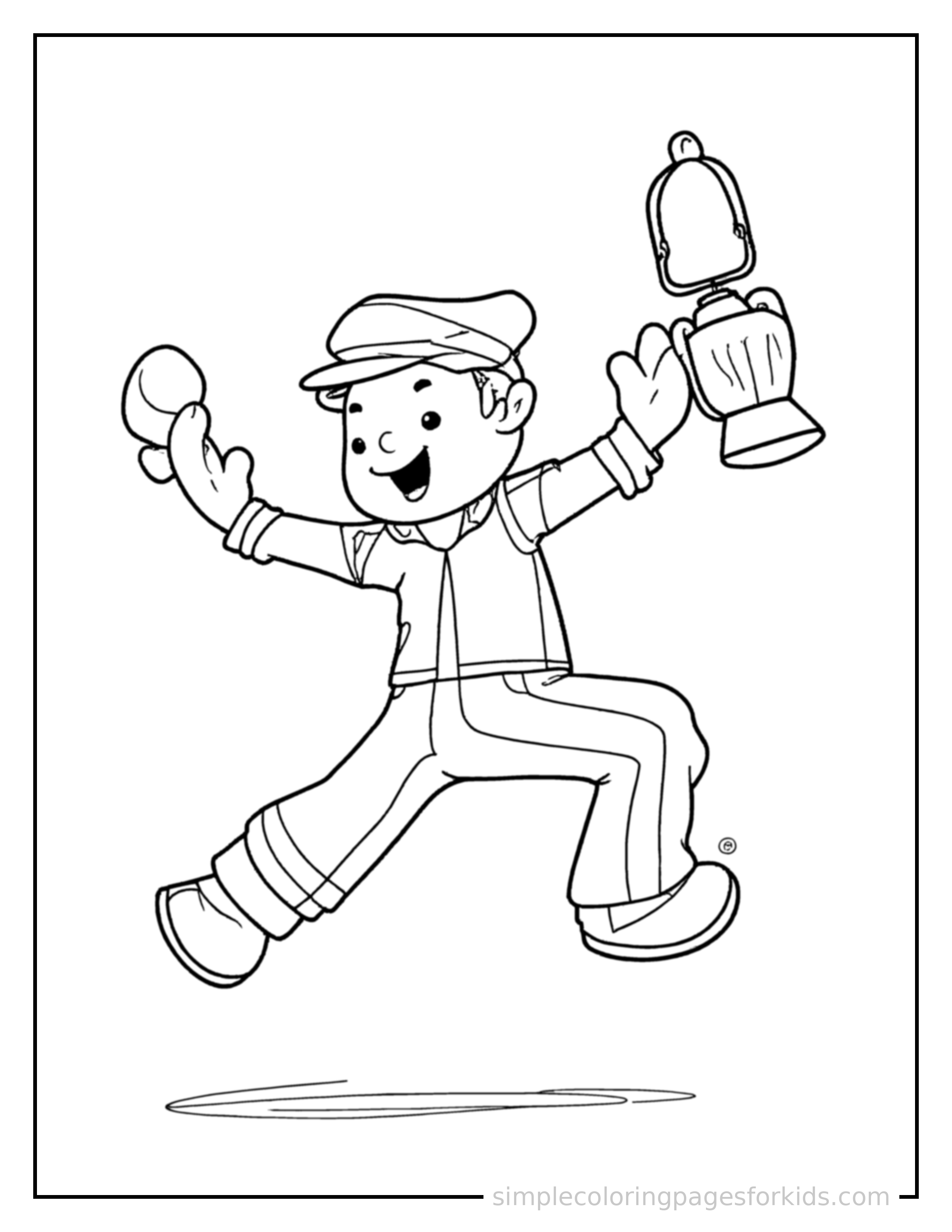 Free printable train conductor holding a lantern coloring page featuring a cute train conductor holding a lantern mid-jump with arms and legs stretched out playfully, mouth open with excitement.