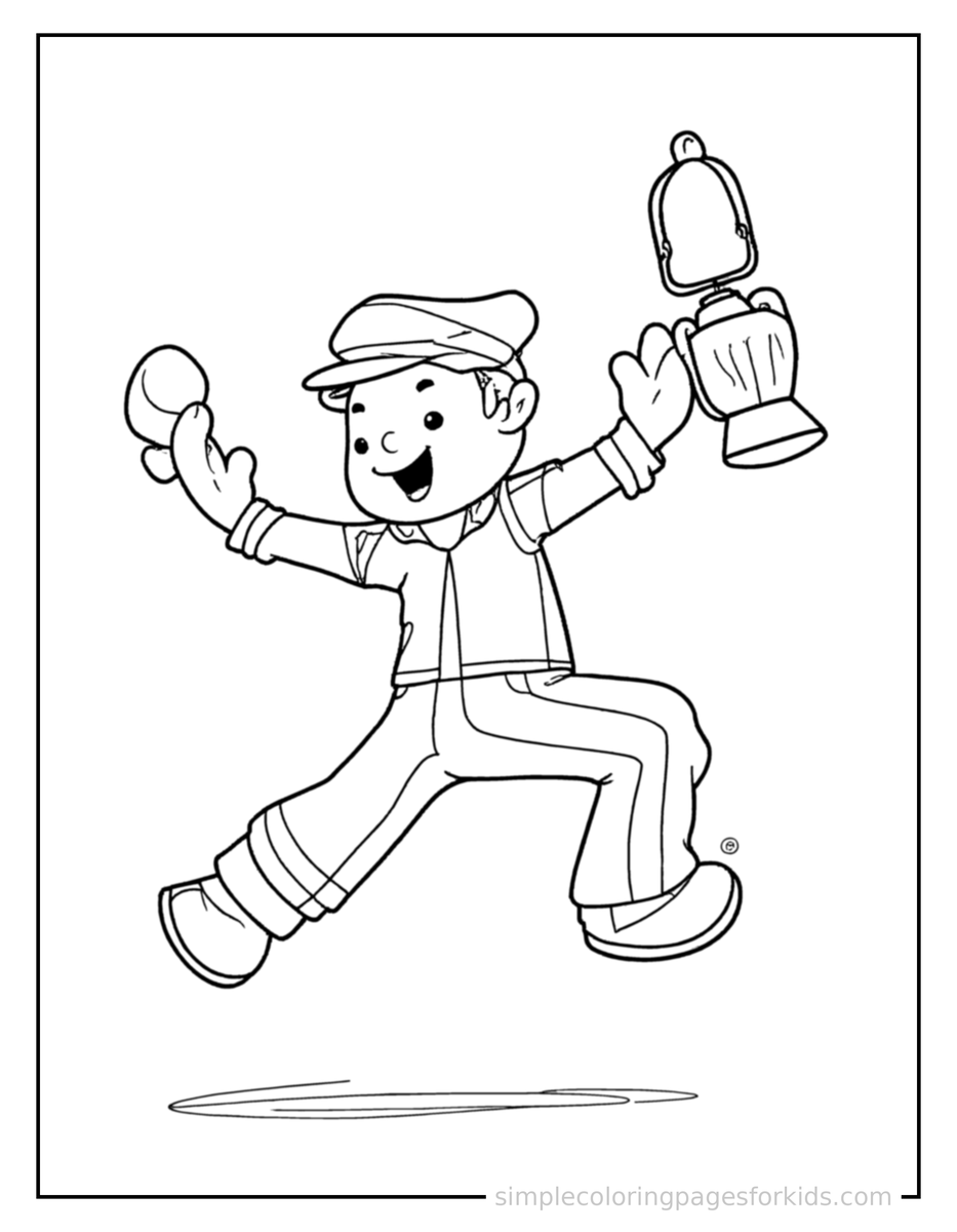 Jumping Train Conductor Holding A Lantern Coloring Page