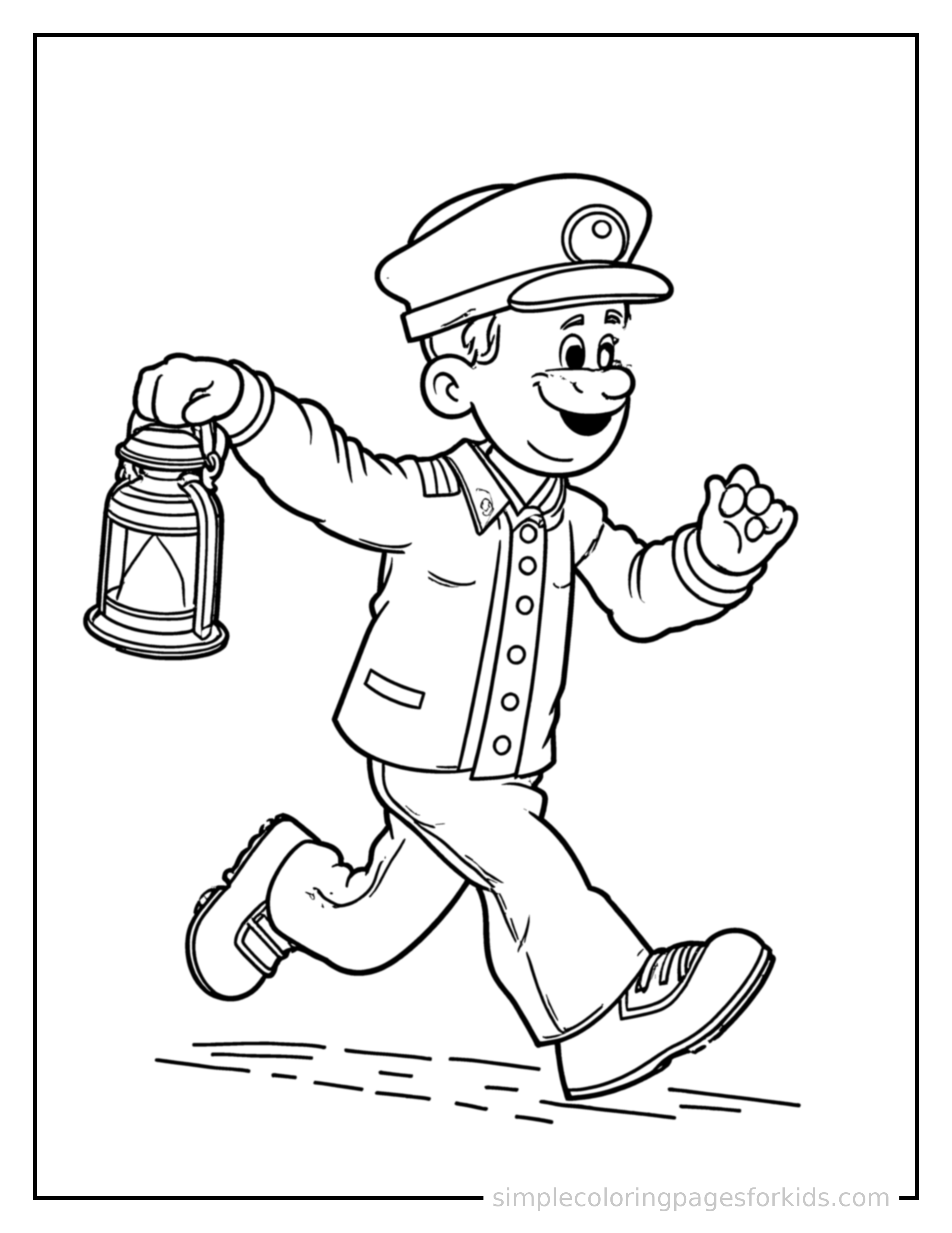 Free printable train conductor holding a lantern coloring page featuring a cute train conductor holding a lantern running forward at full speed, arms pumping, big happy grin.
