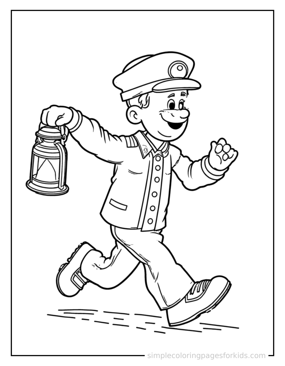 Running Train Conductor Holding A Lantern Coloring Page