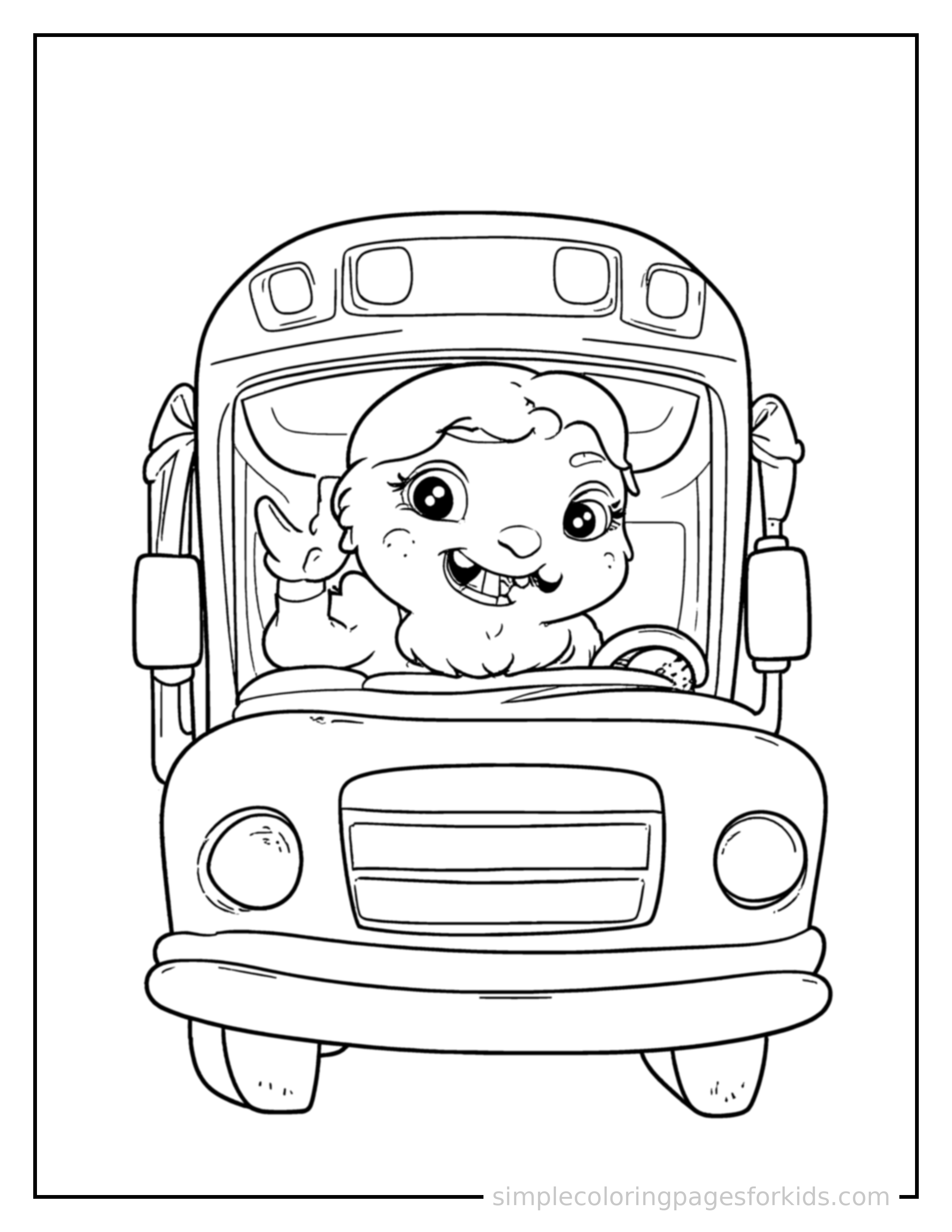 Free printable bus driver waving from the driver's seat coloring page featuring a cute bus driver waving from the driver's seat standing tall with a big cheerful grin, one hand raised in a wave, head tilted slightly.