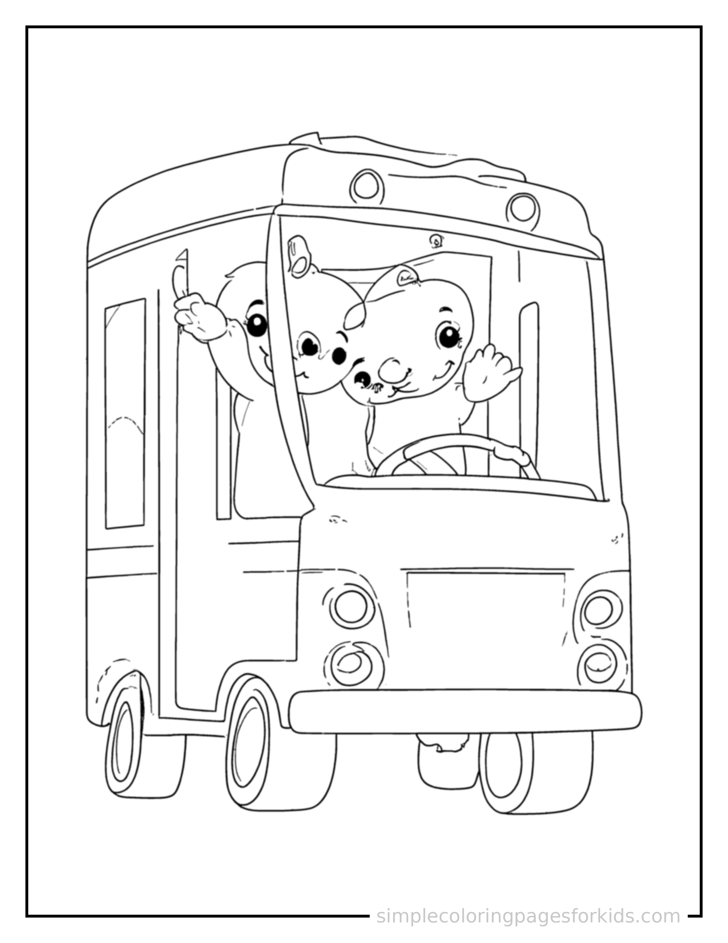Free printable bus driver waving from the driver's seat coloring page featuring a cute bus driver waving from the driver's seat standing proudly with hands on hips, chest out, big sparkling happy eyes and open smile.