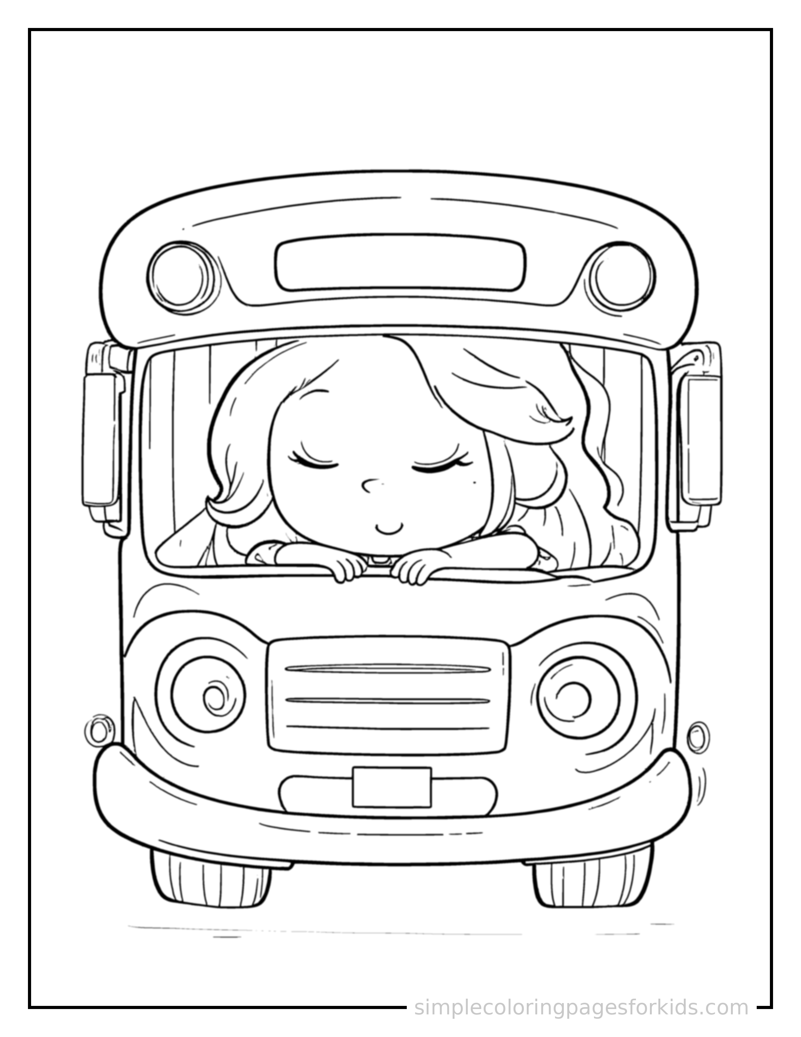 Free printable bus driver waving from the driver's seat coloring page featuring a cute bus driver waving from the driver's seat curled up fast asleep, peaceful smile, one eye scrunched shut, hands tucked under the chin.