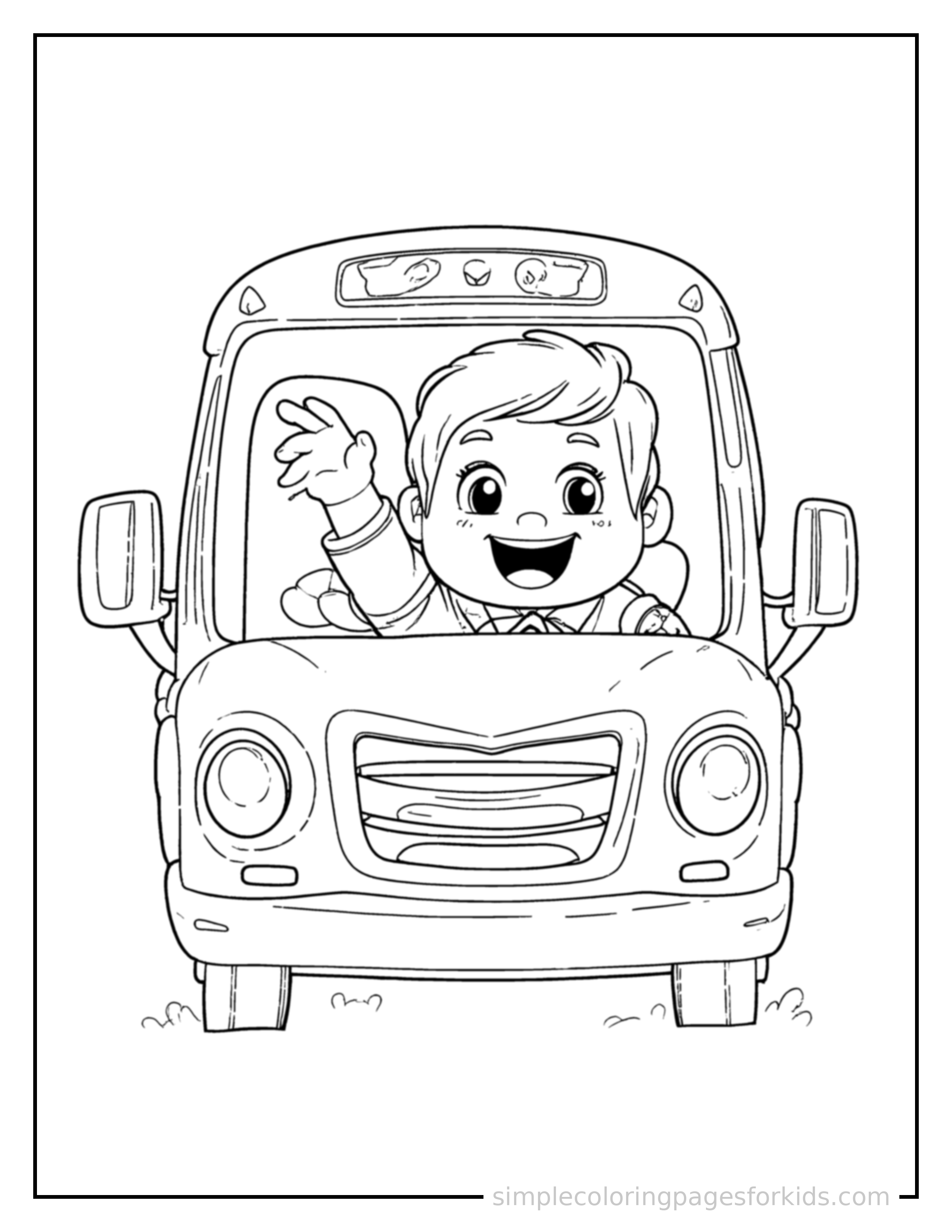 Free printable bus driver waving from the driver's seat coloring page featuring a cute bus driver waving from the driver's seat mid-jump with arms and legs stretched out playfully, mouth open with excitement.