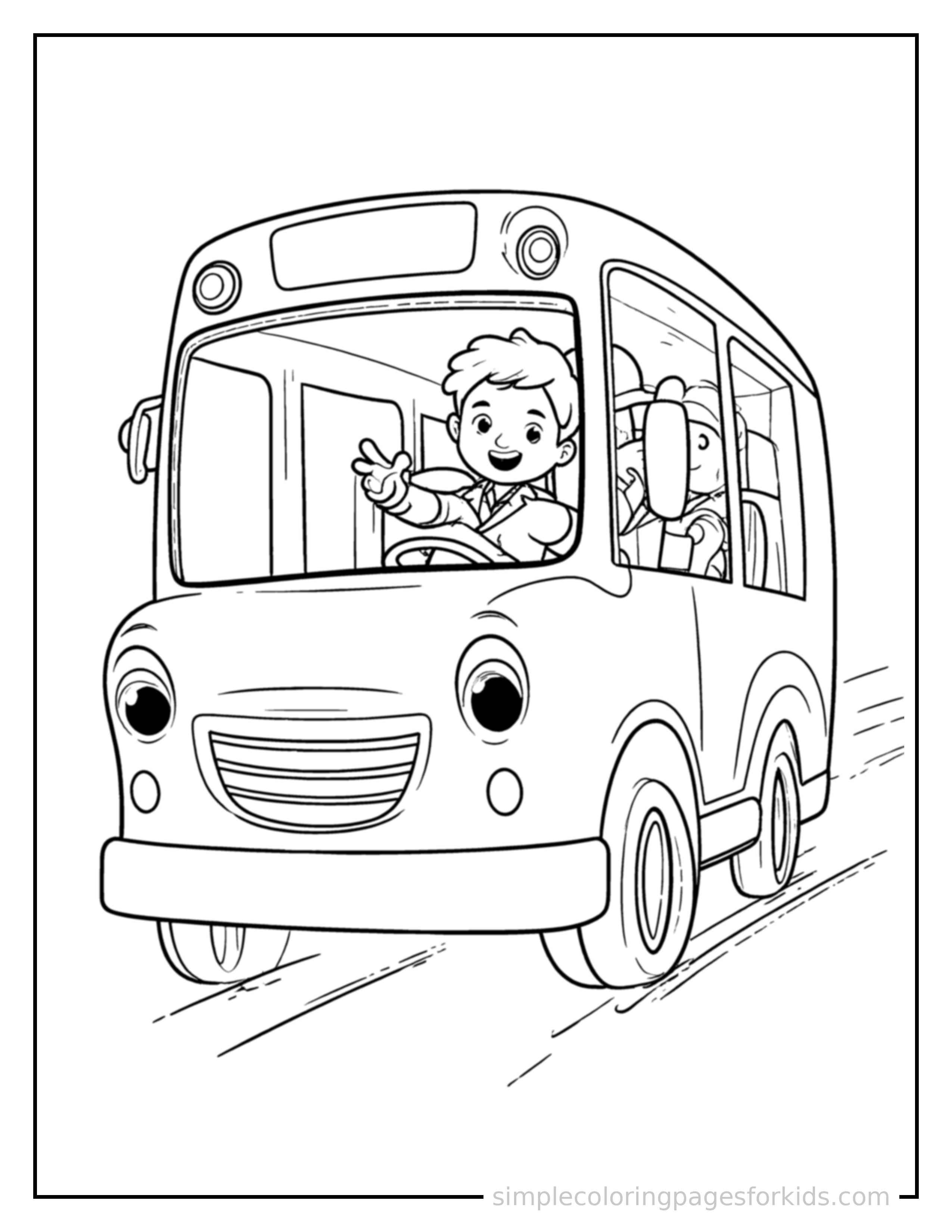 Free printable bus driver waving from the driver's seat coloring page featuring a cute bus driver waving from the driver's seat running forward at full speed, arms pumping, big happy grin.
