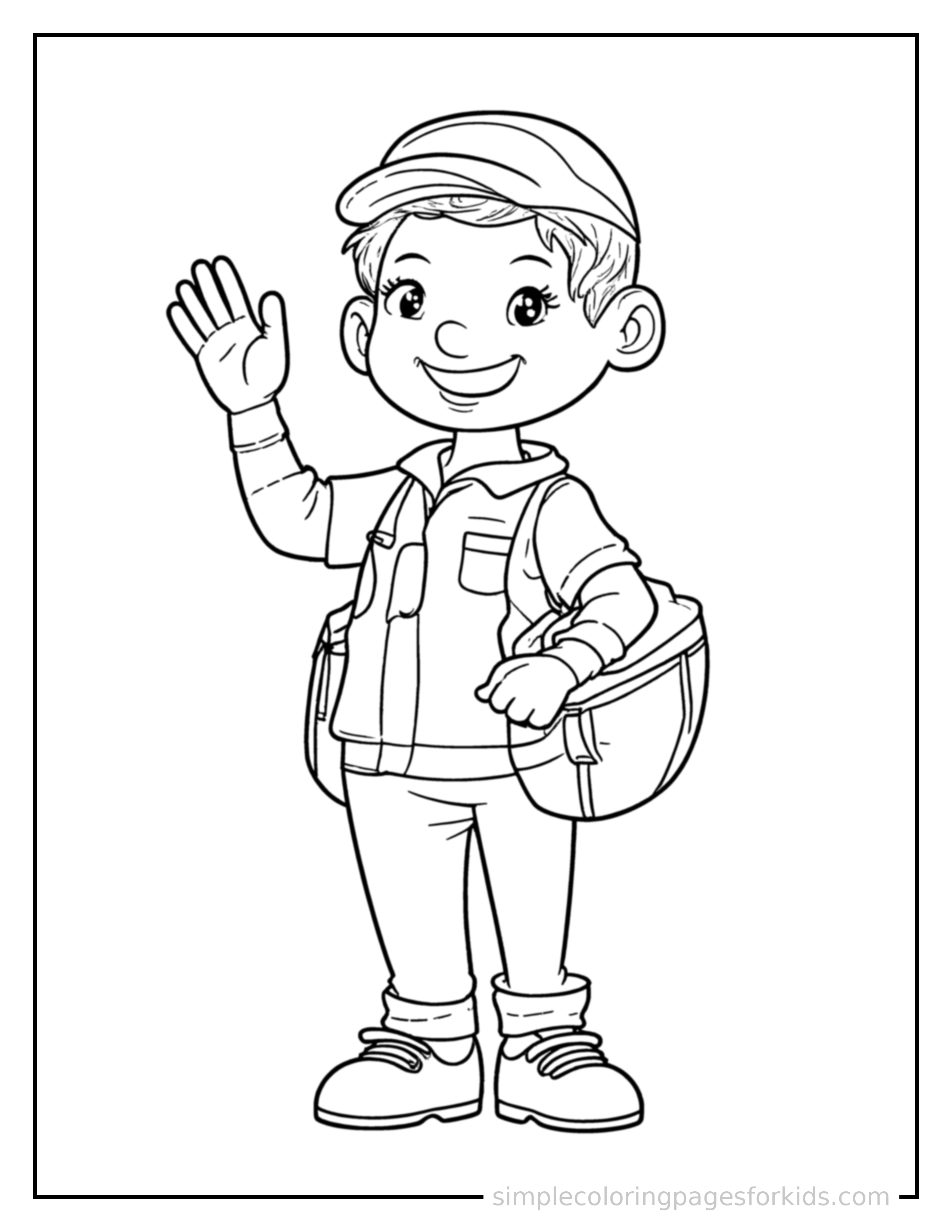 Free printable mail carrier holding a mailbag coloring page featuring a cute mail carrier holding a mailbag standing tall with a big cheerful grin, one hand raised in a wave, head tilted slightly.