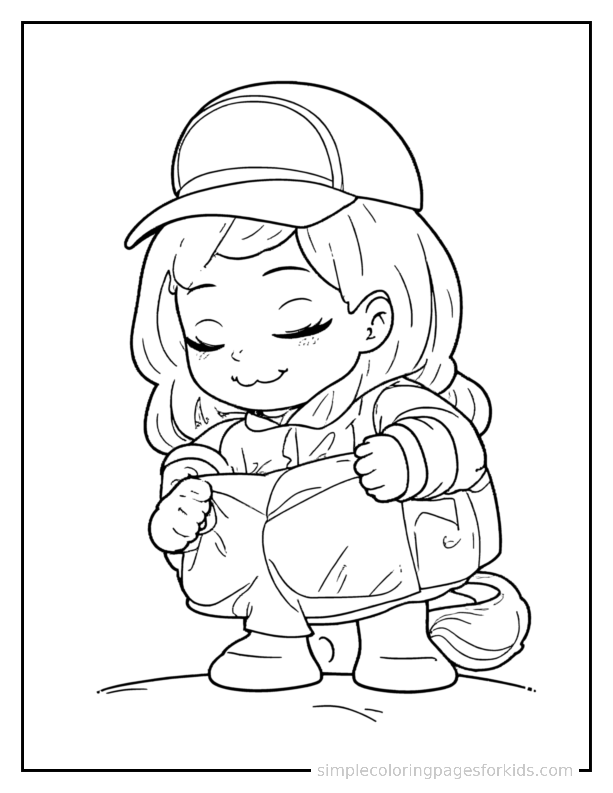 Free printable mail carrier holding a mailbag coloring page featuring a cute mail carrier holding a mailbag curled up fast asleep, peaceful smile, one eye scrunched shut, hands tucked under the chin.