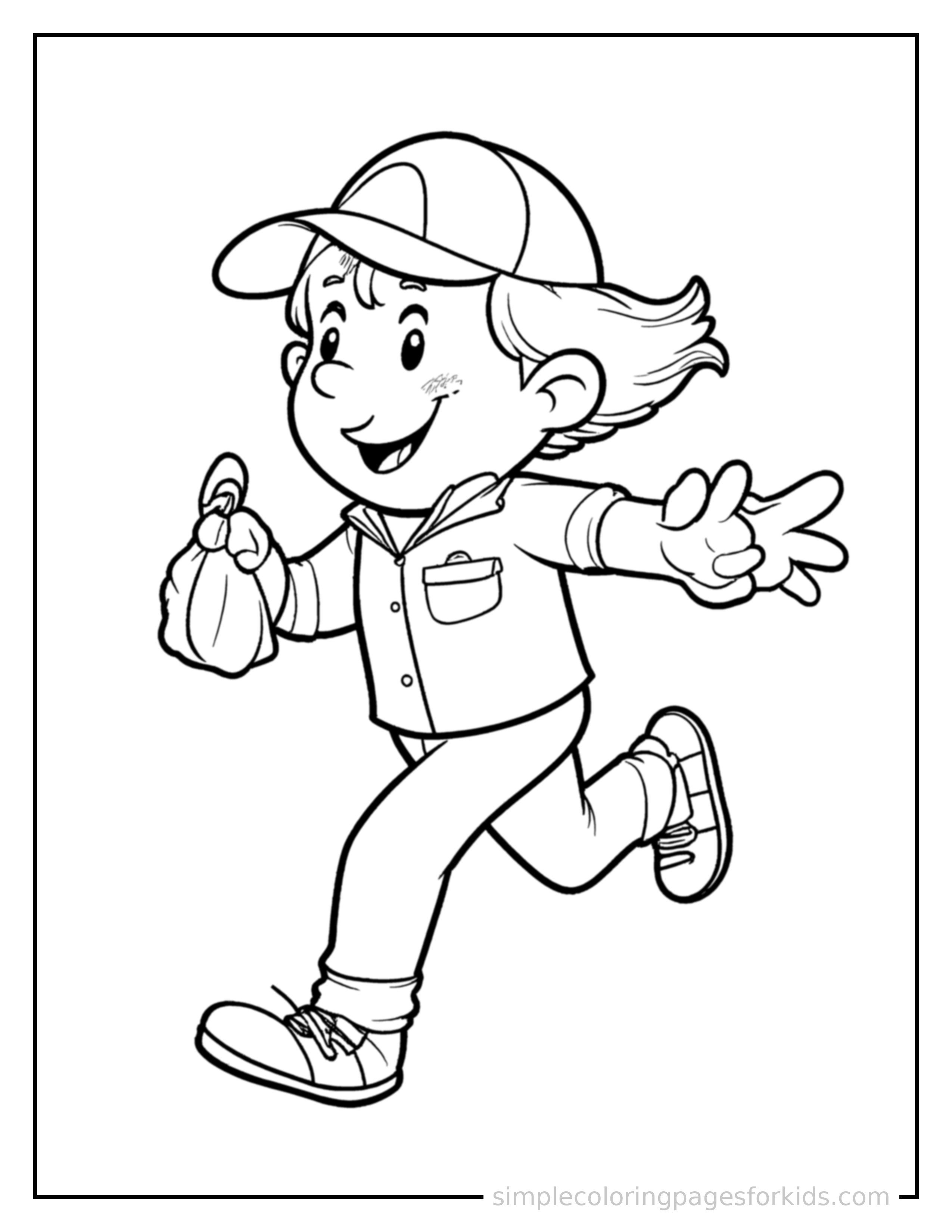 Free printable mail carrier holding a mailbag coloring page featuring a cute mail carrier holding a mailbag running forward at full speed, arms pumping, big happy grin.